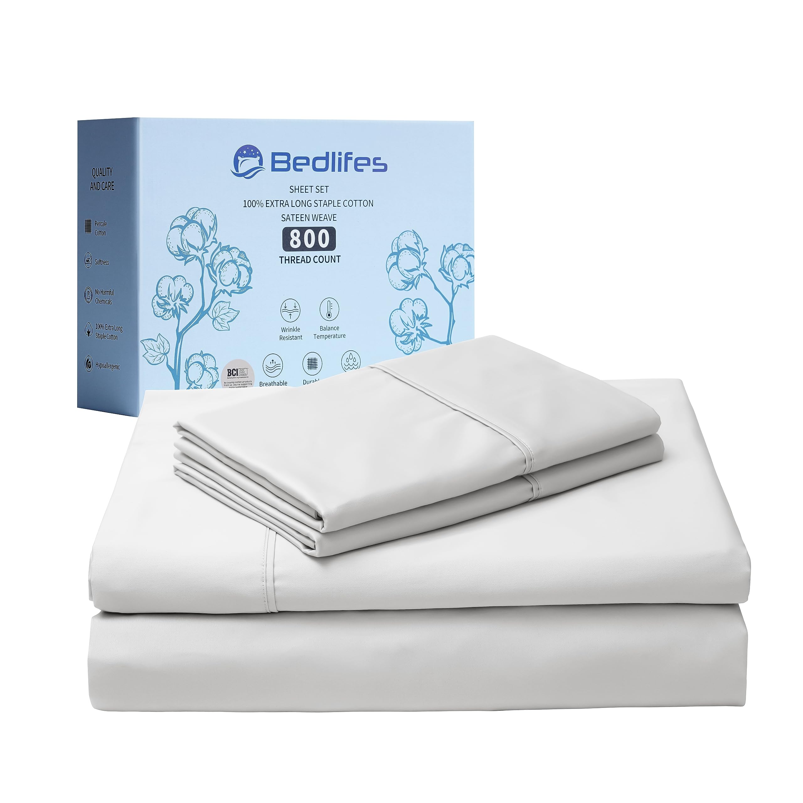 Bedlifes 800 Thread Count 100% Egyptian Cotton Sheets Queen Size-Cooling Sheets Soft Breathable Sateen Weave Luxury Hotel Sheets-16 Deep Pocket 4Piece (Queen,Light Grey)