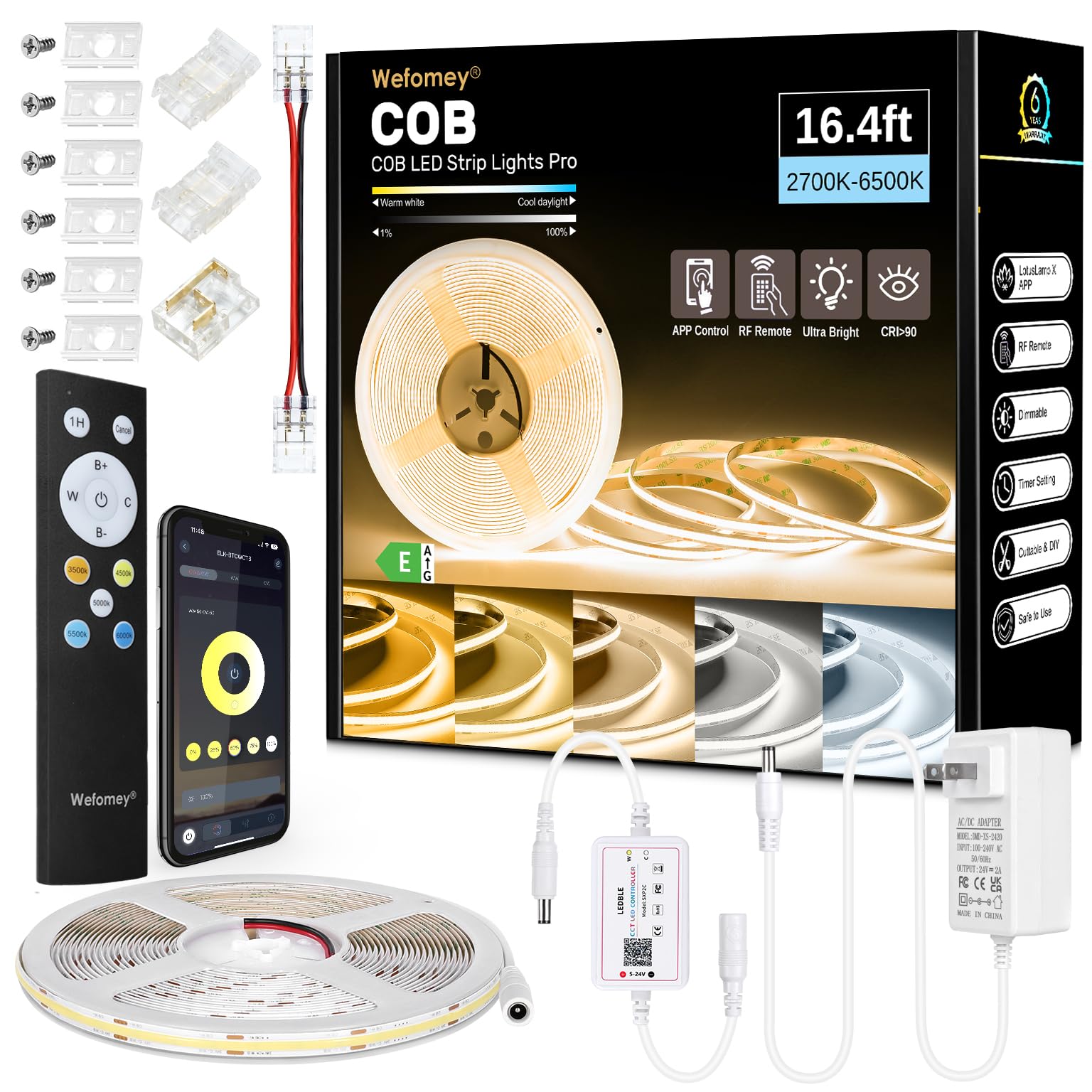 8mm wide, Strong Adhesive, CRI 90+ High Density COB Tape for Bedroom Kitchen Under Cabinet, Led Strip Connectors Included 16.4ft COB LED Strip Lights with APP Dimmable 2700K-6500K Tunable White
