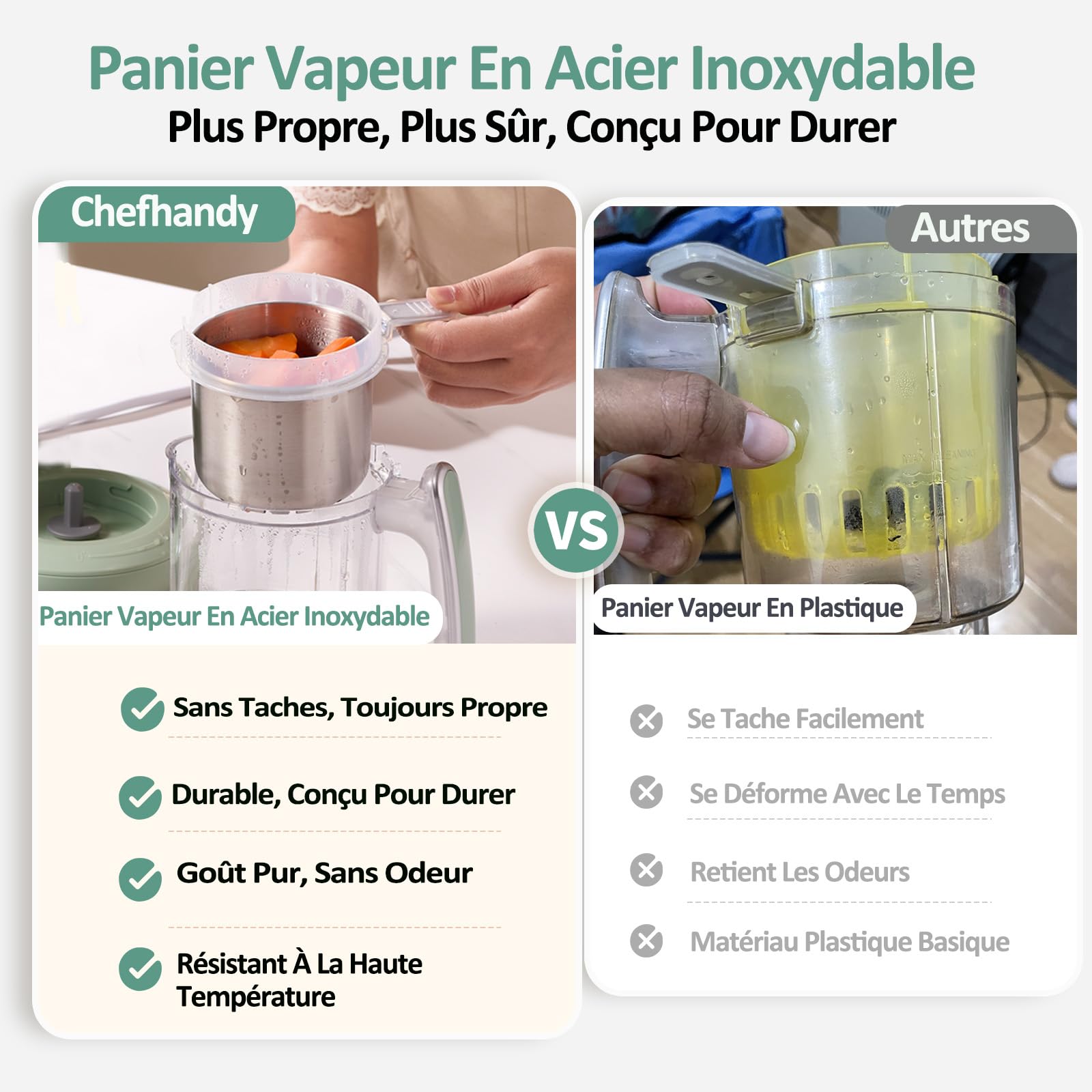 Robot Bébé Cuiseur Mixeur 5-en-1 Chefhandy avec Chauffe-biberon, Stérilisation, Mixage Automatique et Manuel (Vert)