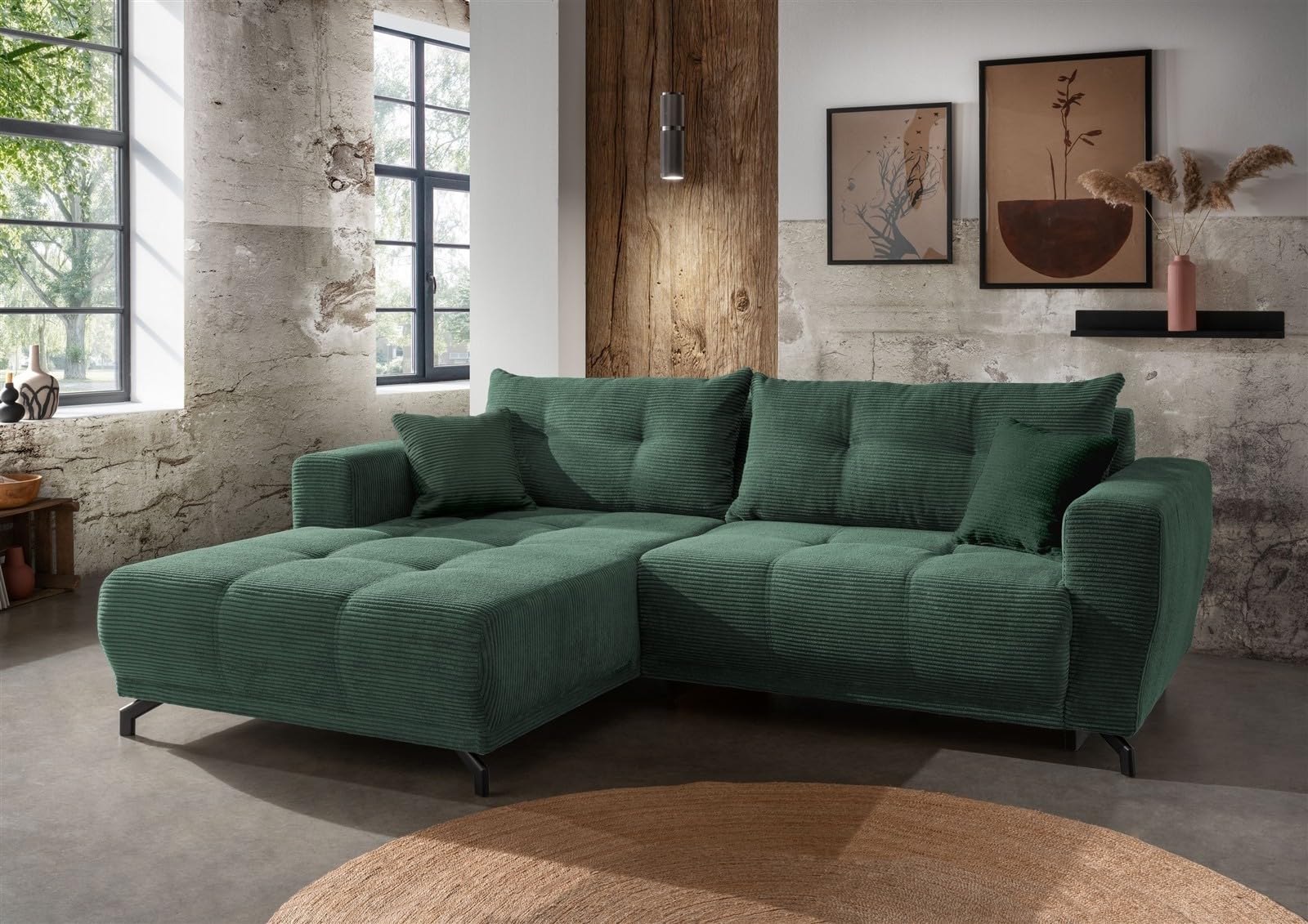 möbelando freiraum Sofa Renard – Moderne Polsterecke mit elektrischer Sitztiefenverstellung, 177 cm, Cord Moosgrün, inkl. 2 Kissen, Liegefläche 200x93 cm