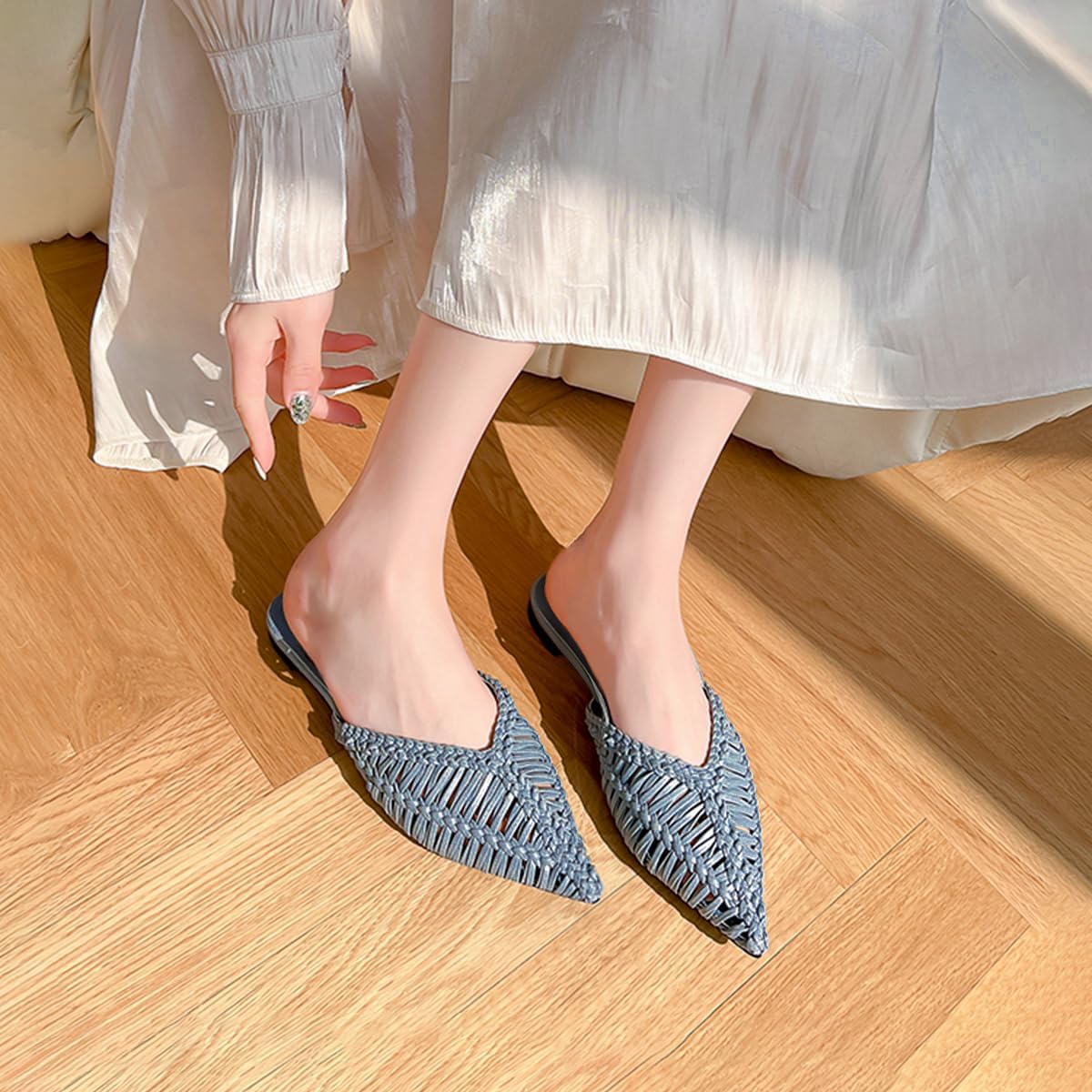 JANSEVEN Woven Flats Raffia Mules for Women Pointed Closed Toe Casual Slides Slip On Comfortable Dress Shoes - Image 2