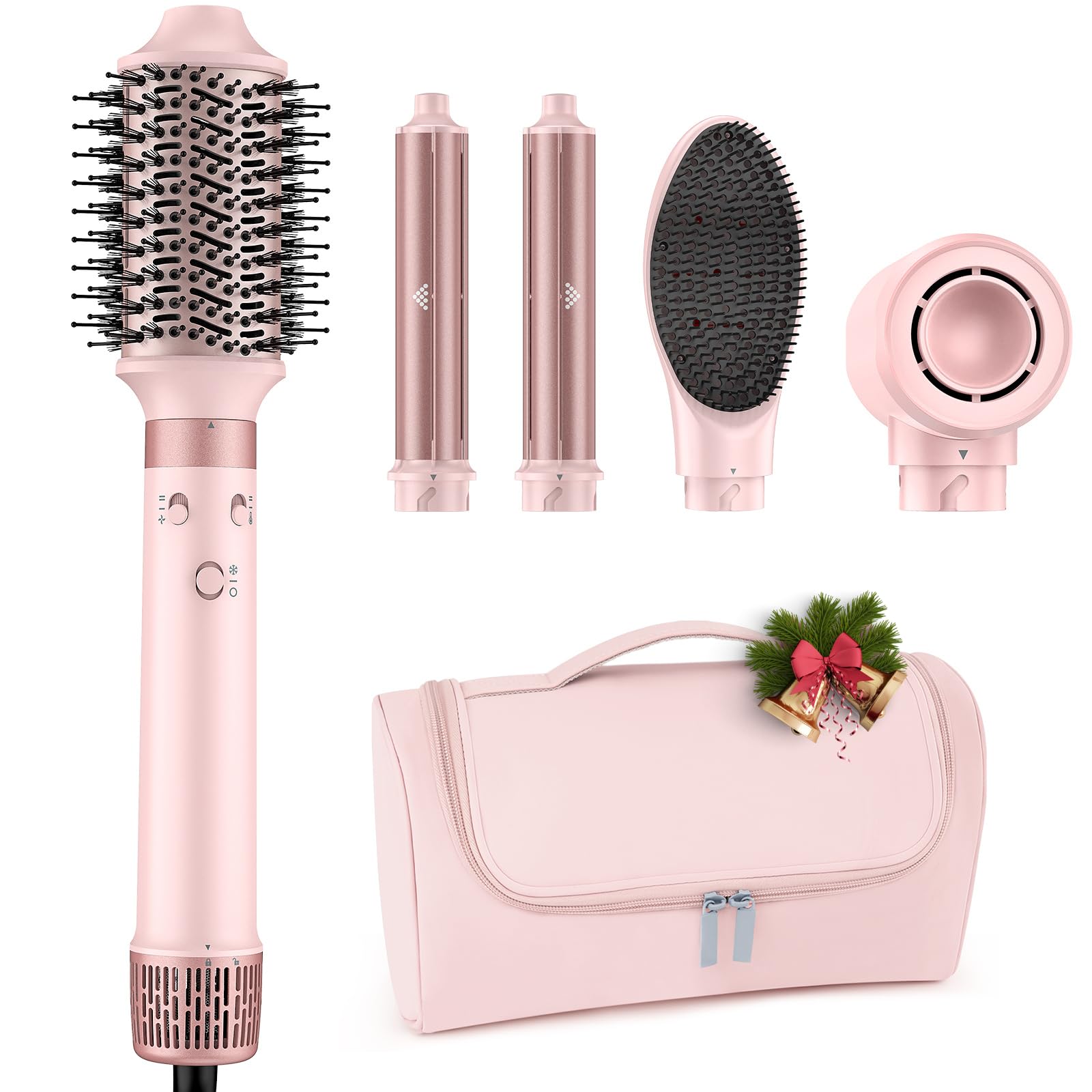 Dual Voltage Hot Air Styler Wrap - 5 in 1 Hair Dryer Brush with Fast Drying Blow Dryer, Styling, Straightening & Volumizing with Travel Bag (100V–240V) Gift for Women (Pink)