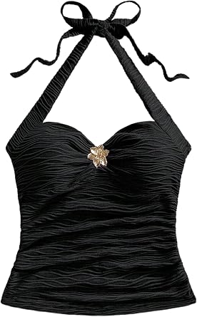 Going Out Tops for Women Y2K Tops - White Halter Top V Neck Open Back Ruched Cami Metal Decor Cute Summer Top 2025