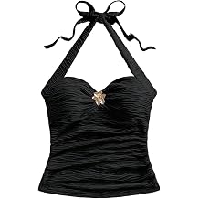 Going Out Tops for Women Y2K Tops - White Halter Top V Neck Open Back Ruched Cami Metal Decor Cute Summer Top 2025