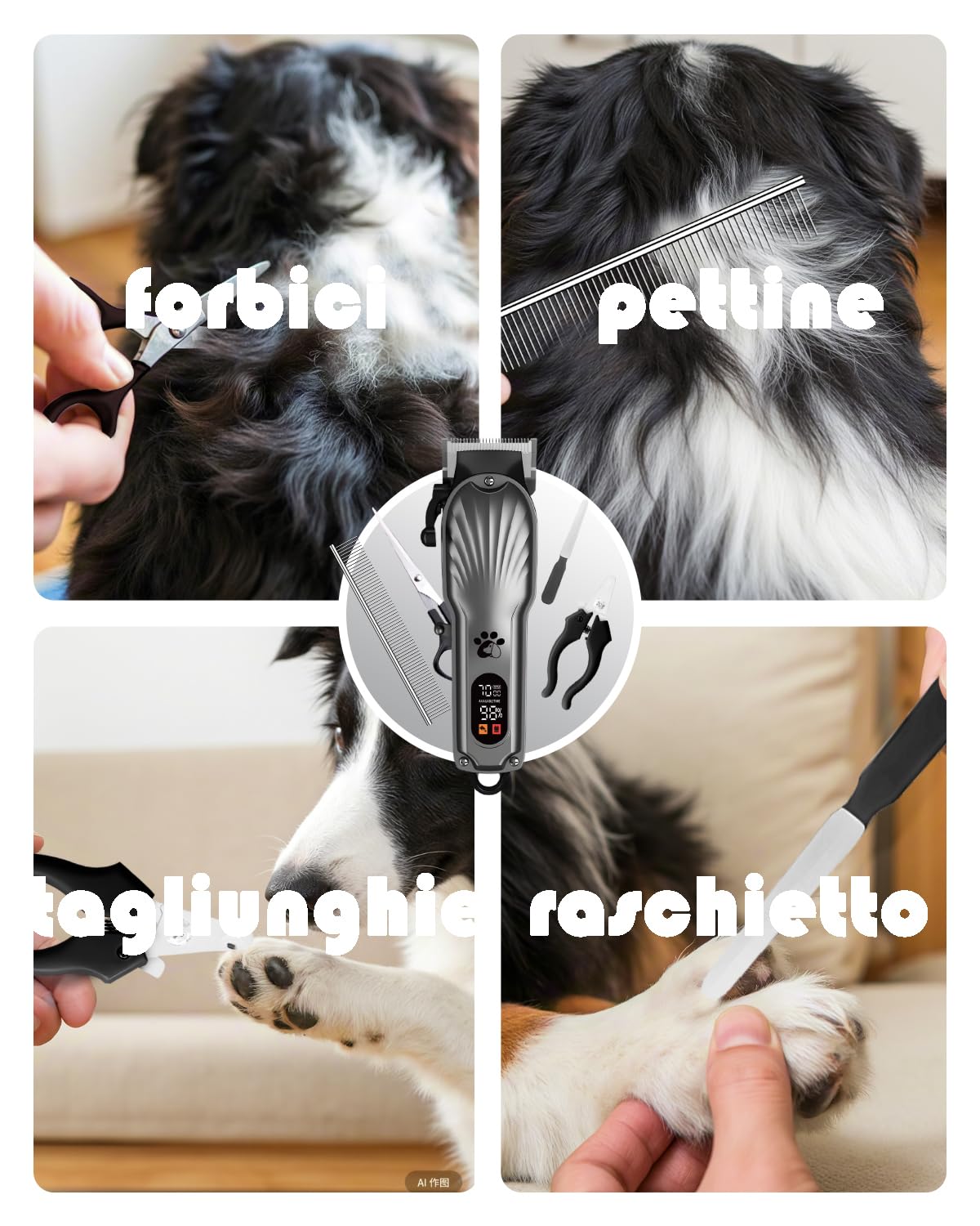 Tosatrice per cani professionale pelo lungo, senza fili, display a LED, a basso rumore, ricaricabile, con kit per la toelettatura delle unghie