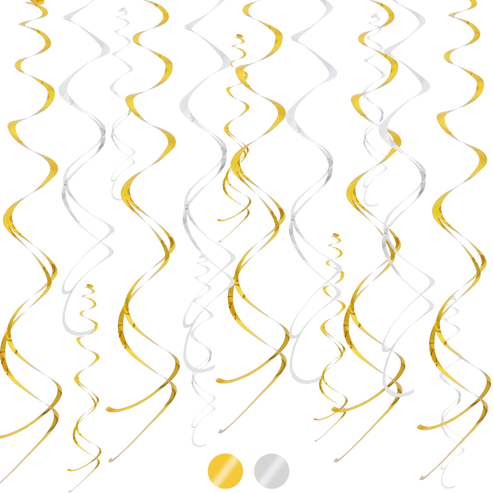 TONIFUL 27 Inch Plastic Streamer Foil Swirl Hanging for Ceilings, Windows, Doorways, Fireplaces Wedding, Birthday, Graduation Party, Valentine's Day, Christmas Home Decoration-Gold Silver