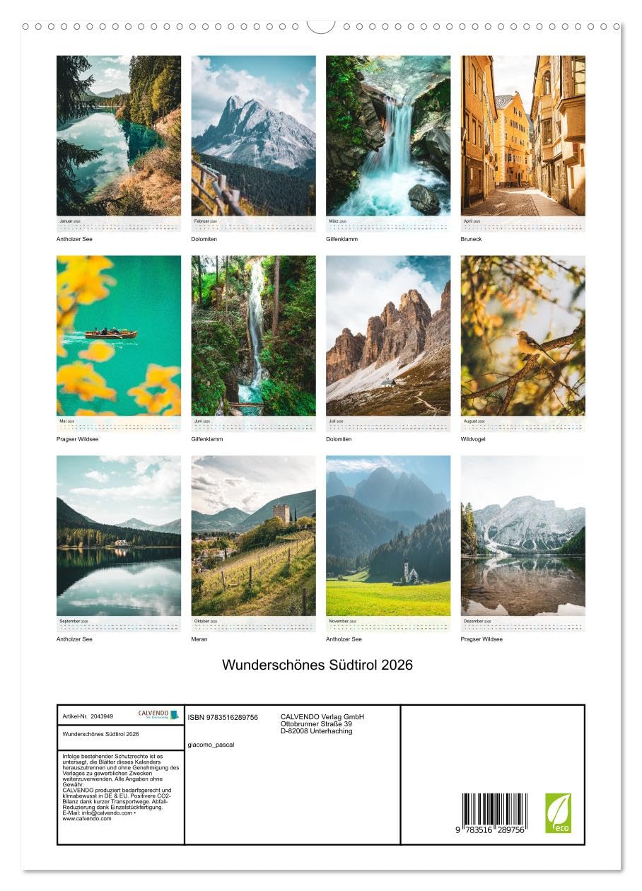 Wunderschönes Südtirol 2026 (hochwertiger Premium Wandkalender 2026 DIN A2 hoch), Kunstdruck in Hochglanz: Ein Wandkalender über die wunderschöne Landschaft Südtirols (CALVENDO Orte)