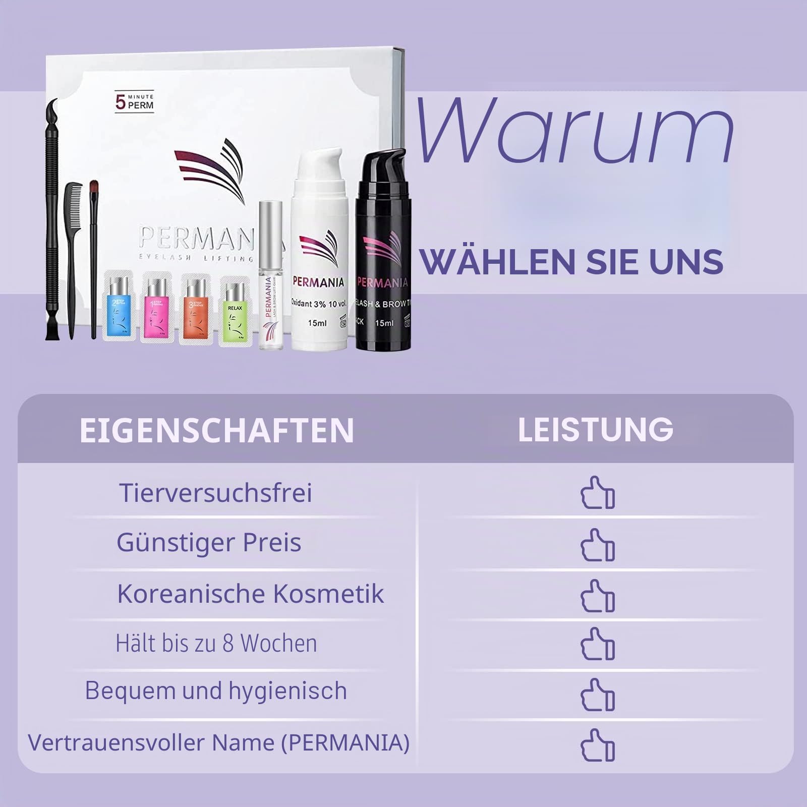 PERMANIA Wimpernlifting Set mit Farbe Schwarz, Augenbrauen Lifting Set und Augenbrauen Färben, Komplettes Zubehör mit 4-in-1-Wirkung zum Wimpernlifting, Wimpernfärben und Brauenfärben