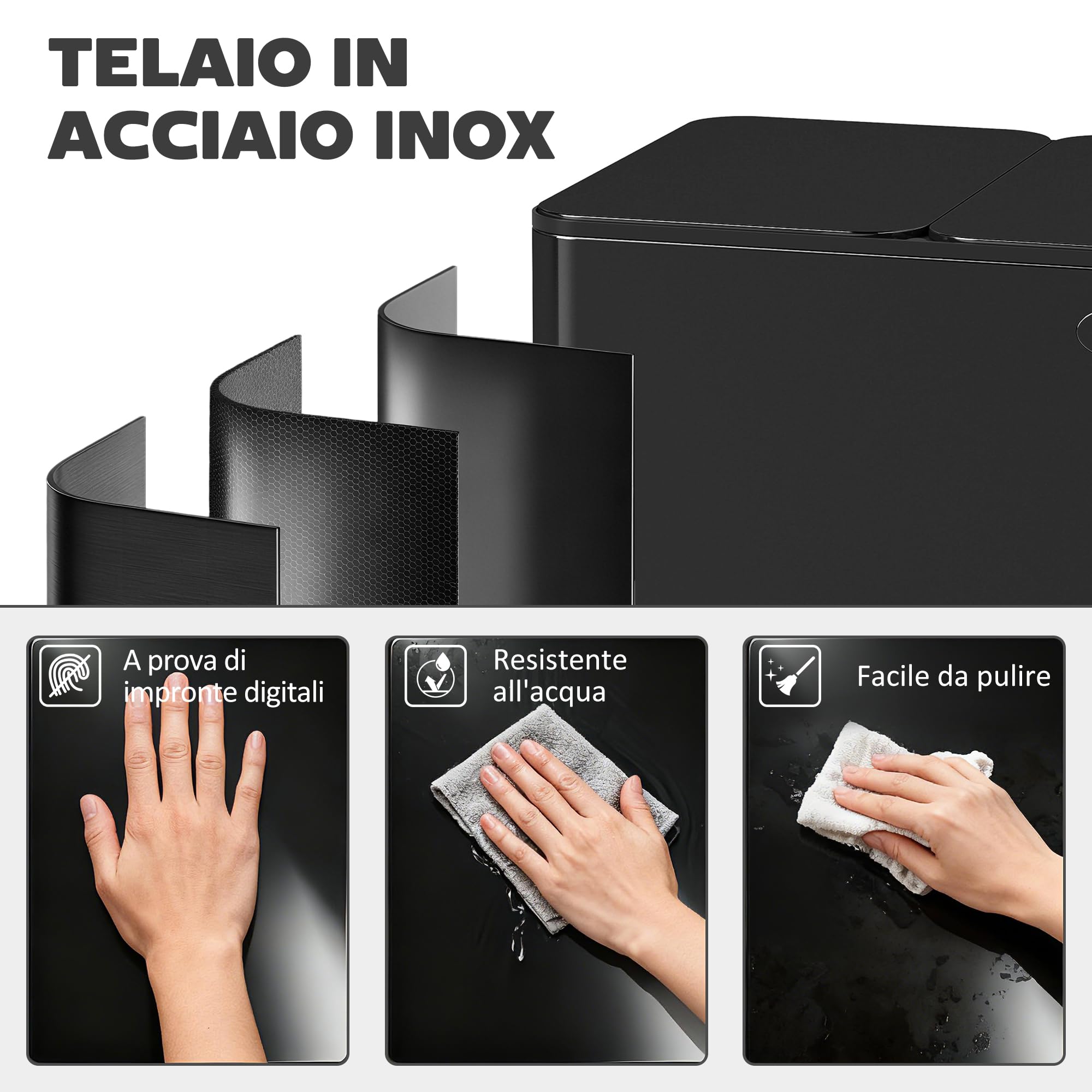 HOMCOM Pattumiera Differenziata 3 Scomparti 20L da Cucina a Pedale, Cestino Spazzatura con 3 Coperchi a Chiusura Silenziosa in Acciaio Inox e PP, 61.9x36.6x56.7 cm, Nero