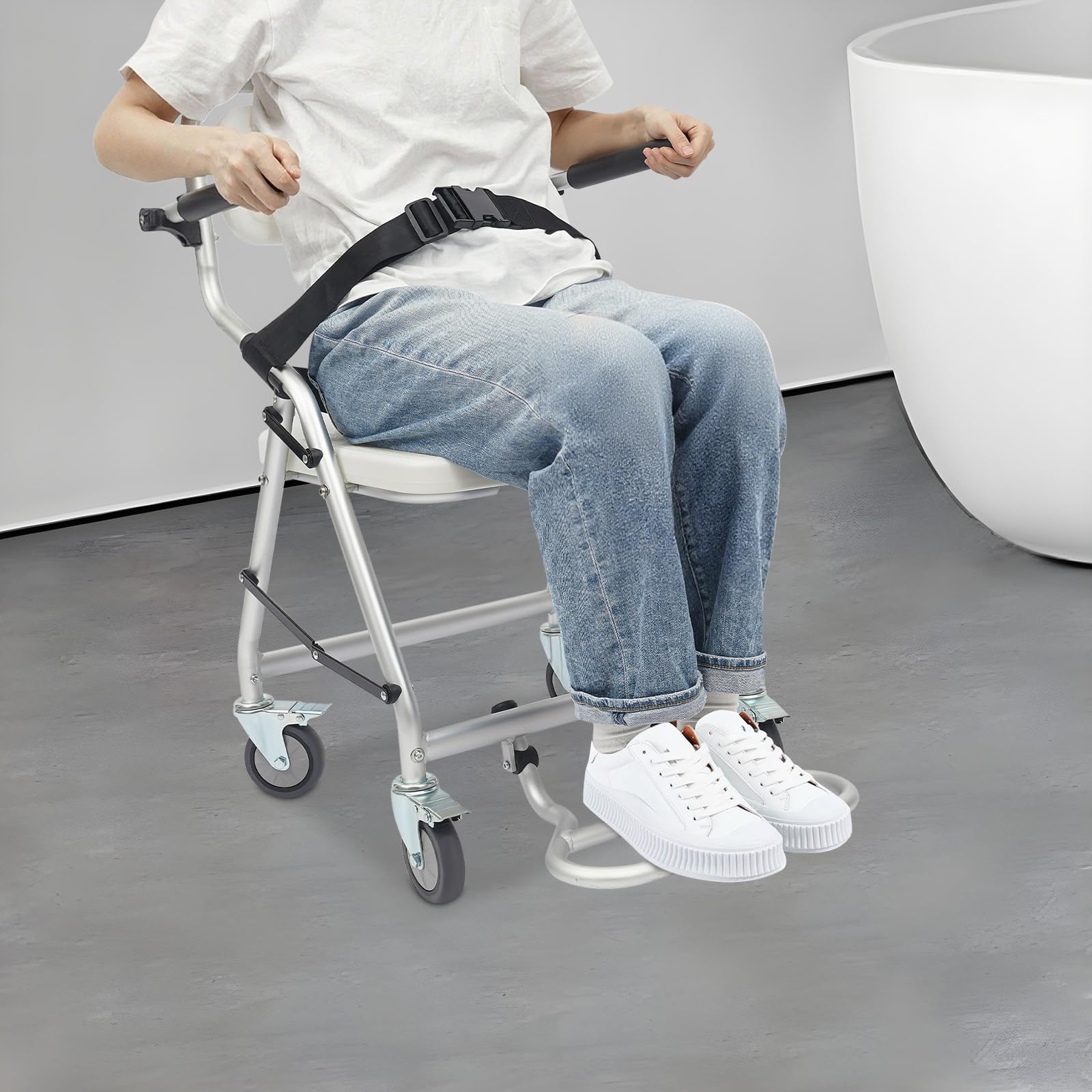 Taburete de ducha plegable con respaldo con 4 ruedas universales, soporta 150 kg, diseño plegable para baño, dormitorio, hospital, residencia, centros de rehabilitación, etc