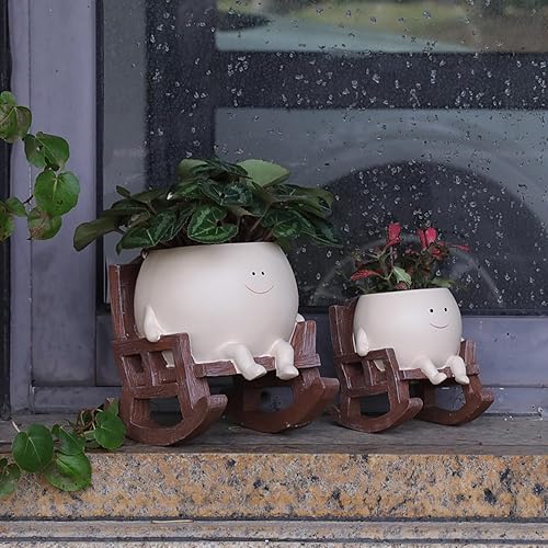 Miniatura 4 de UMESONG Smily - Maceta de resina con cabeza de flor para plantas de interior y exterior, sillas mecedoras únicas para sentarse, macetas para