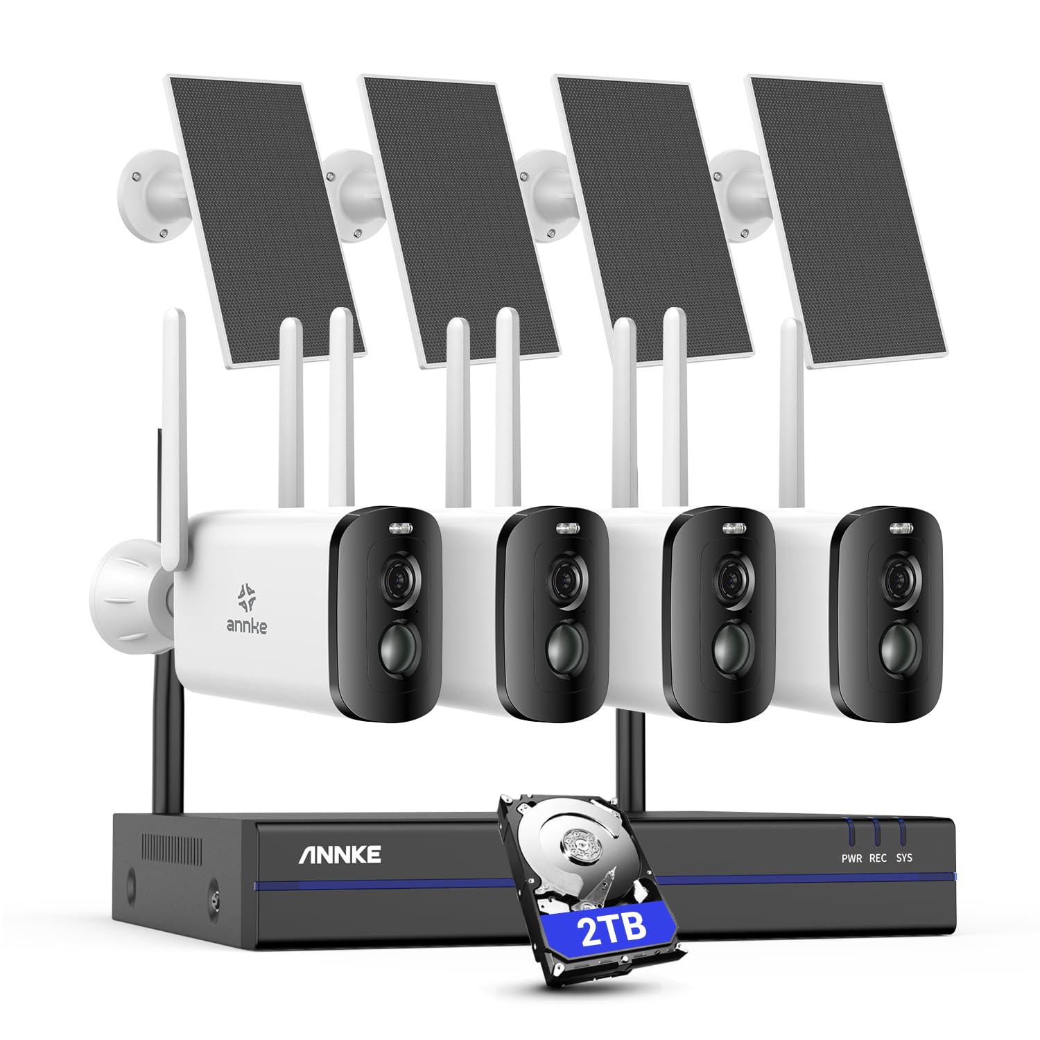 ANNKE 4MP Kit Telecamera WiFi Esterno con Pannello Solare, NVR 10CH 2TB + 4x Telecamera di Sicurezza Batteria Solare Esterna, Visione Notturna a Colori, Rilevamento Movimento, Audio a 2 Vie, IP66