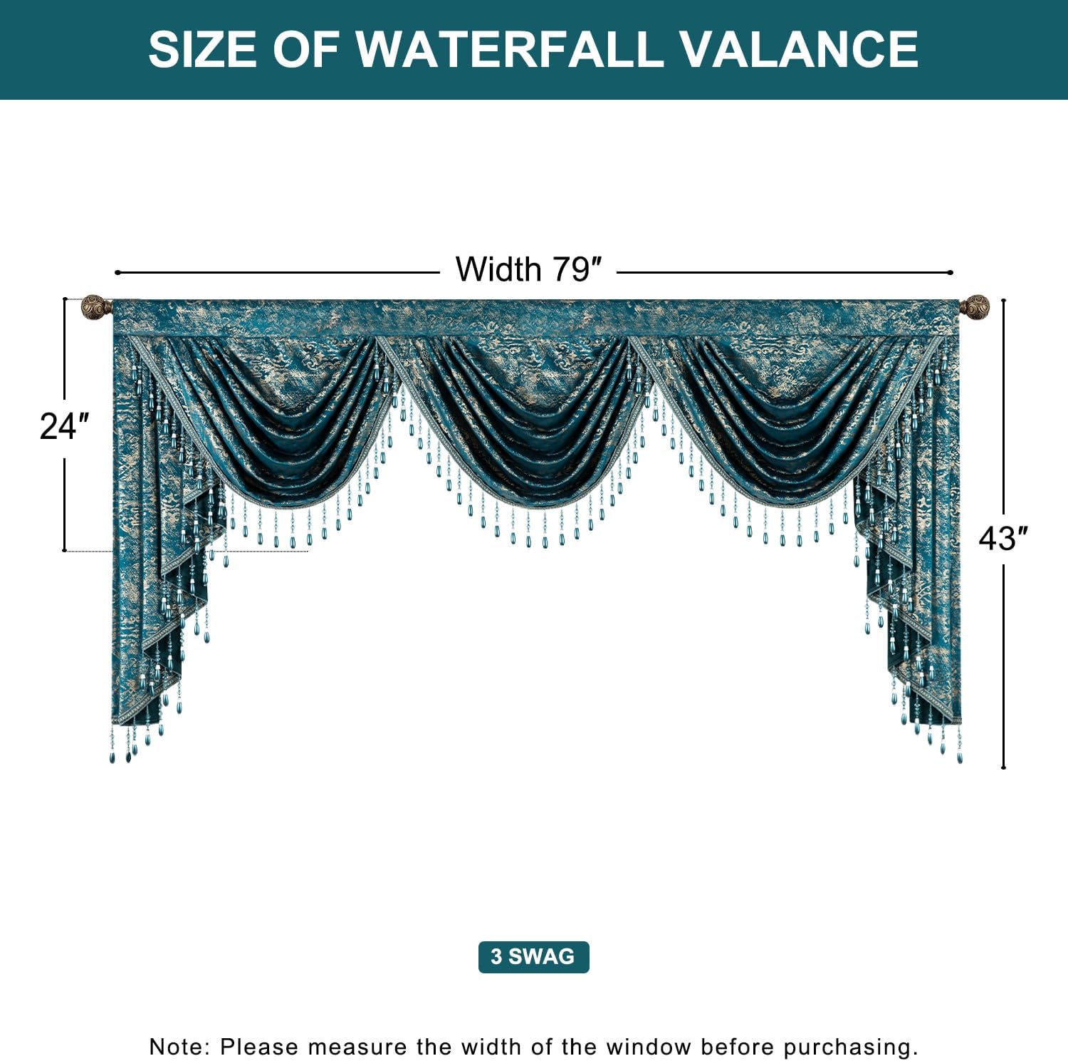 VOGOL Lake Blue Waterfall Valances for Bedroom, Classical Textured Printed Swag Valance with Shining Beaded, Super Soft Velvet Window Curtain for Guest Room, 79 Inches Wide, 1 Panel