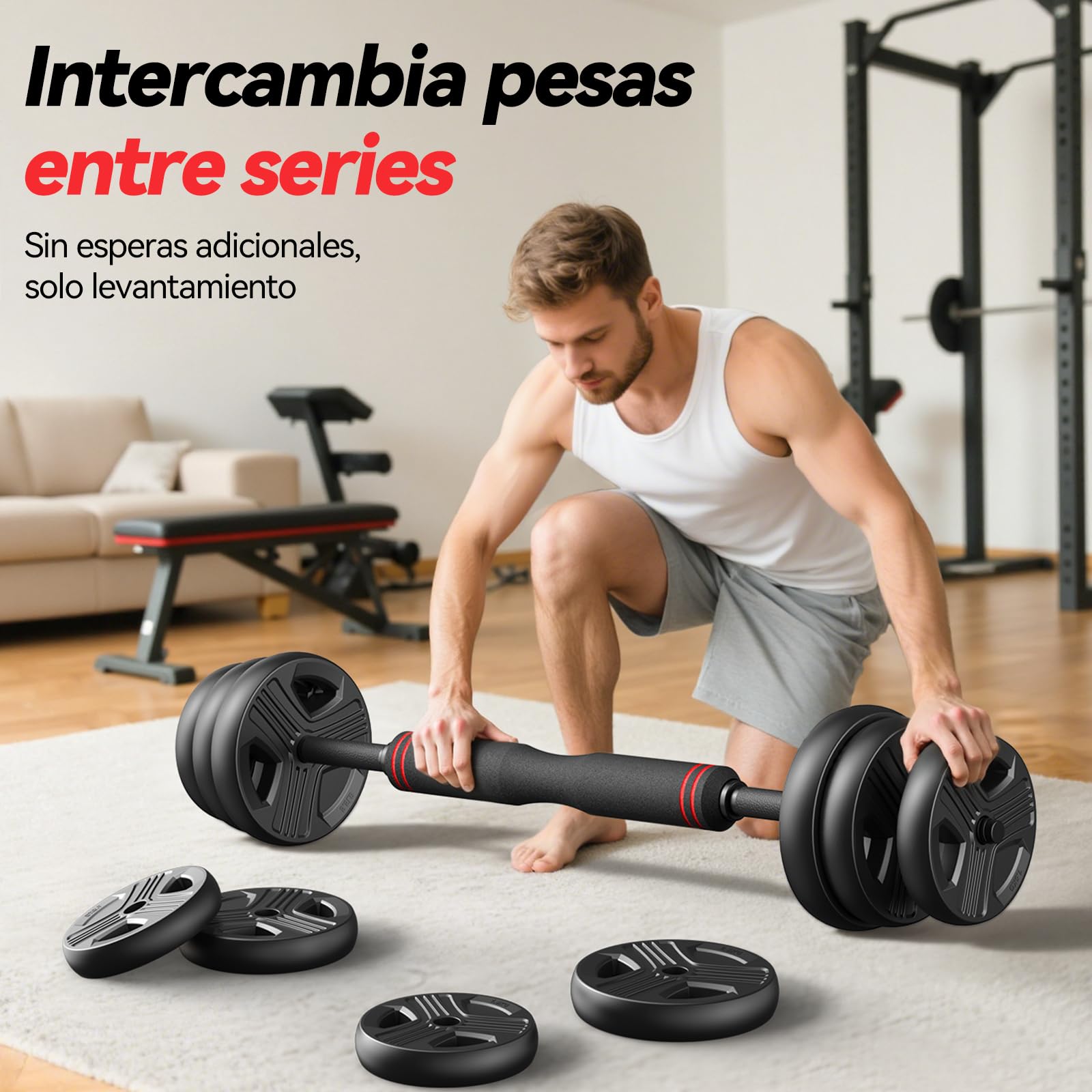 FEIERDUN 10kg-40kg Juego de Pesas y Mancuernas Ajustables, Kit Pesas 5 en 1 con Barra, Pesas Rusas y Soportes Para Flexiones, Equipo de Entrenamiento Progresivo para Toda la Familia