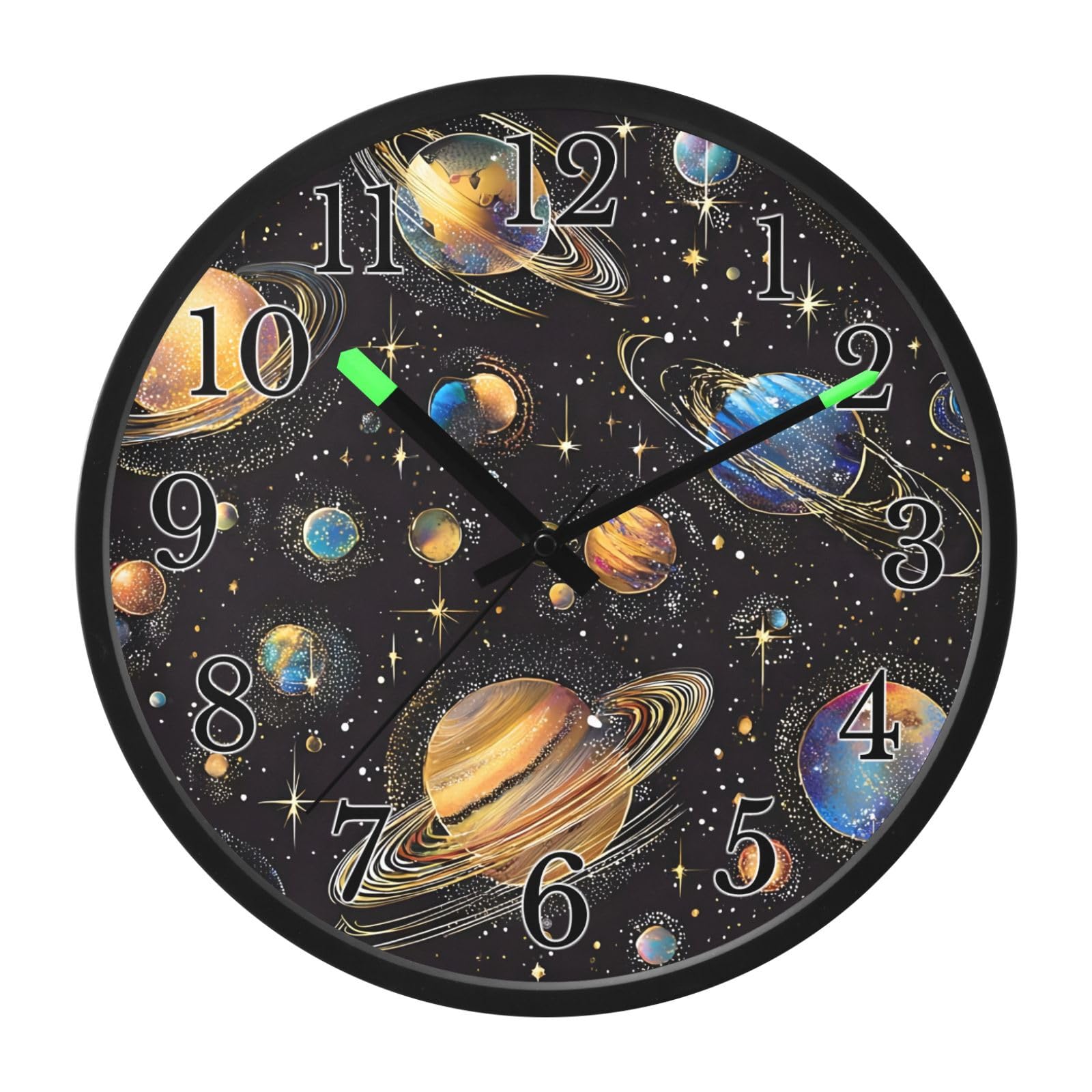 Mnsruu Reloj de pared luminoso, planetas coloridos, reloj de pared que brilla en la oscuridad, funciona con pilas, 12 pulgadas, silencioso, sin tictac, luz nocturna para dormitorio