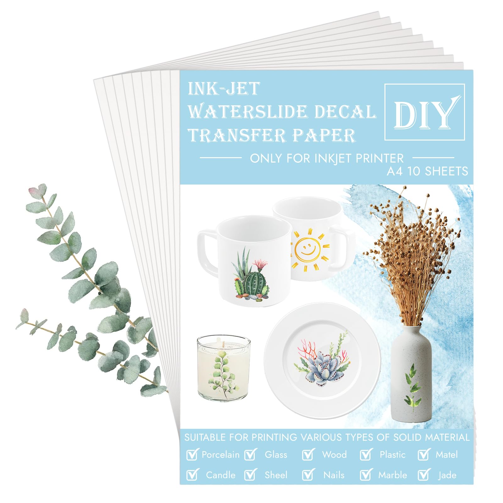 10 Sheets Waterslide Decal Paper, Decal Paper for INKJET Printer, Water Slide Paper White Printable Waterslide Paper for DIY Tumbler, Mug, Nail Crafts, Candles Crafts