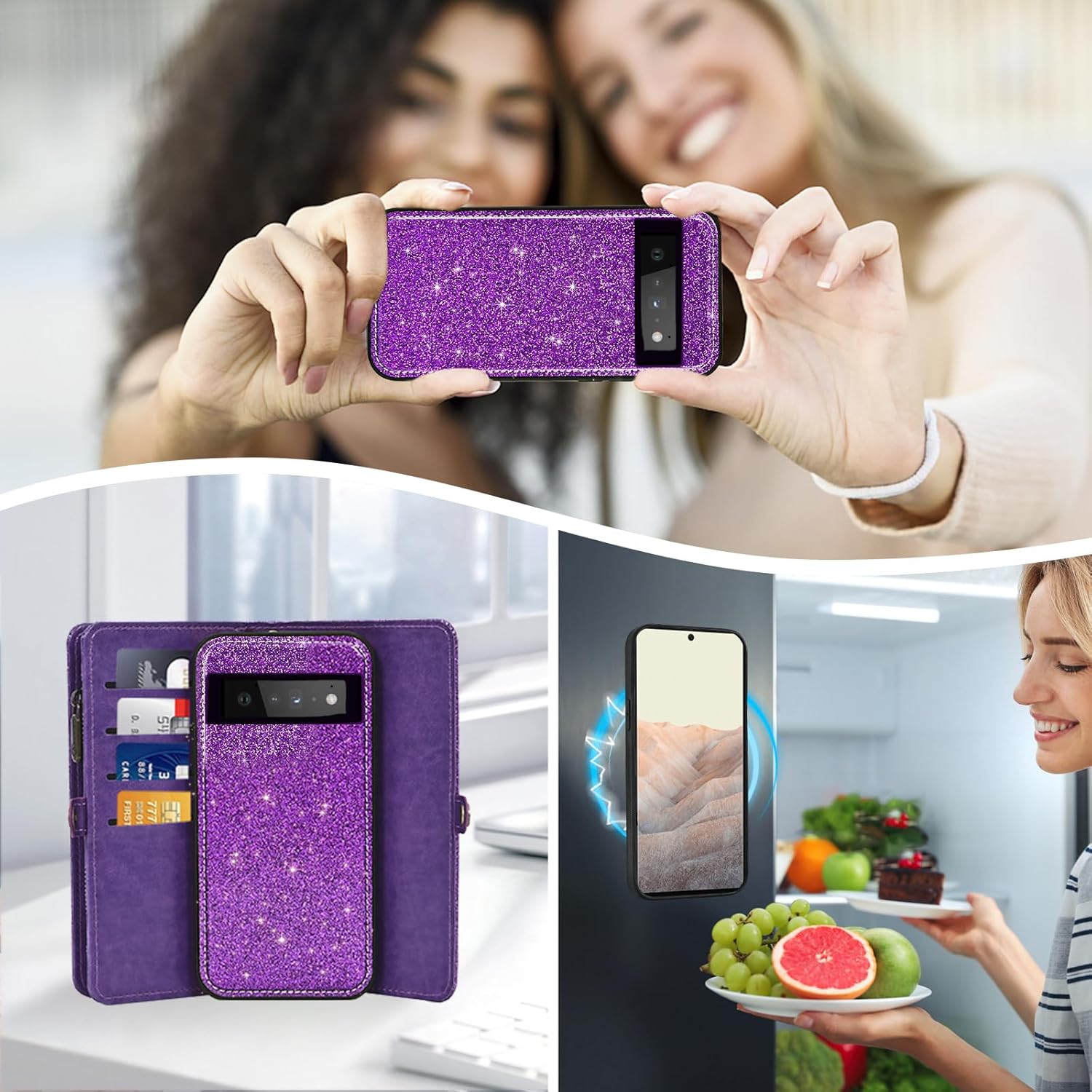 Asuwish Phone Case for Google Pixel 6 Pro Zipper Wallet Detachable Cell Cover with Tempered Glass Screen Protector Wrist Strap Flip Card Holder Slot Pixel6Pro Pixel6 XL 6XL Pixle 6Pro 5G Women Purple