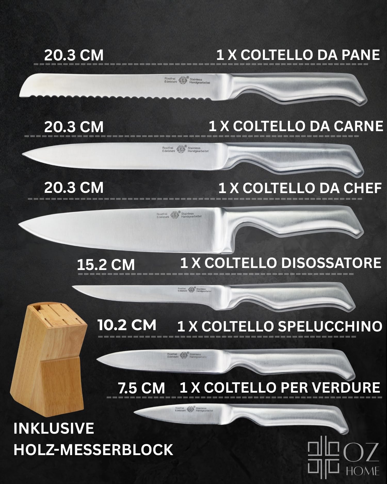 GGS Set Coltelli Cucina con Ceppo Portacoltelli 7 Pezzi – Acciaio Inox Monoblocco Senza Giunzioni, Temprati a Ghiaccio, Lavabili in Lavastoviglie, Impugnatura Ergonomica in Acciaio, Coltelli multiuso