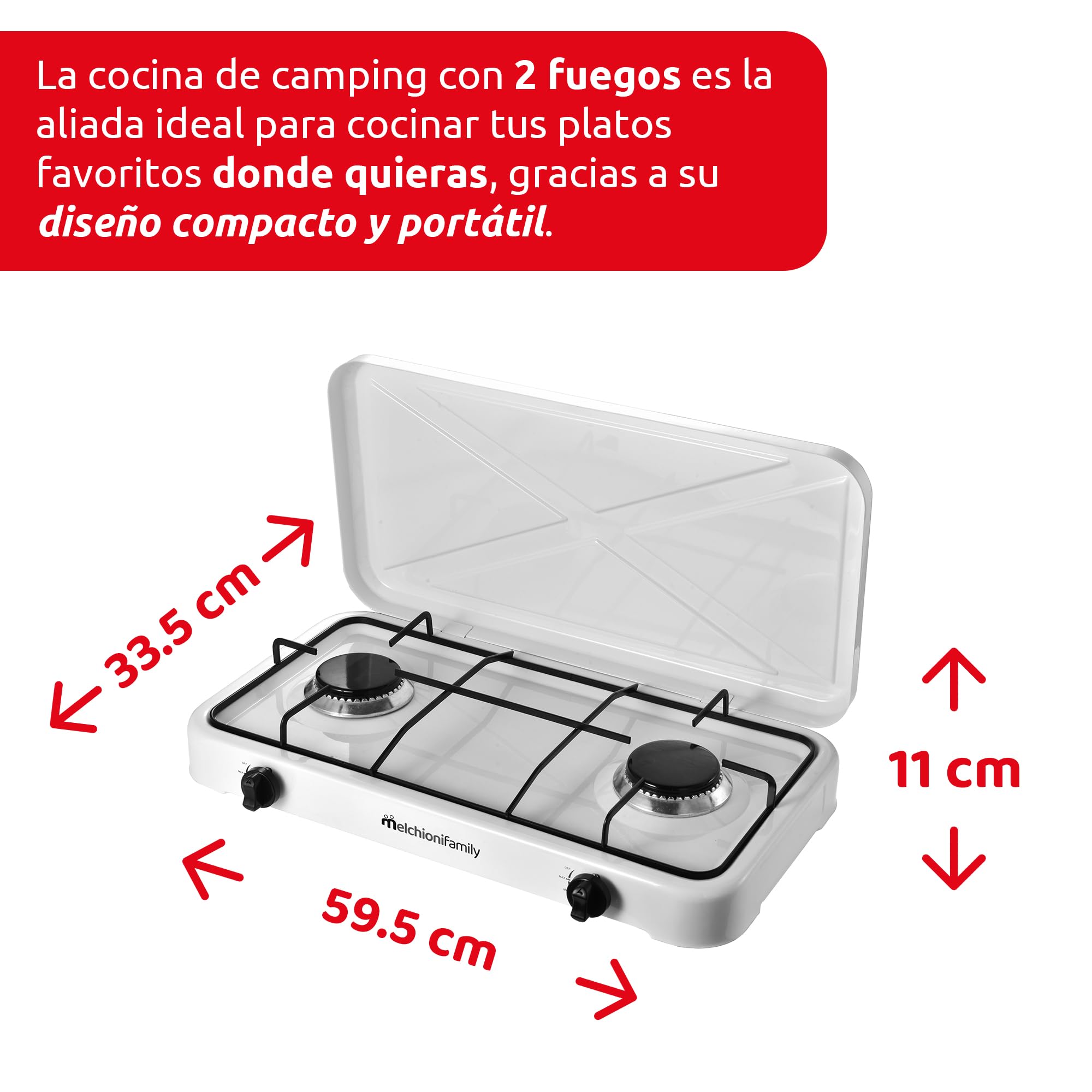 Melchioni Family | Cocina de Gas para Camping MINERVA 2 con 2 Quemadores, Cocina Portátil de GLP con Tapa, Grill y Quemadores Desmontables, Blanca