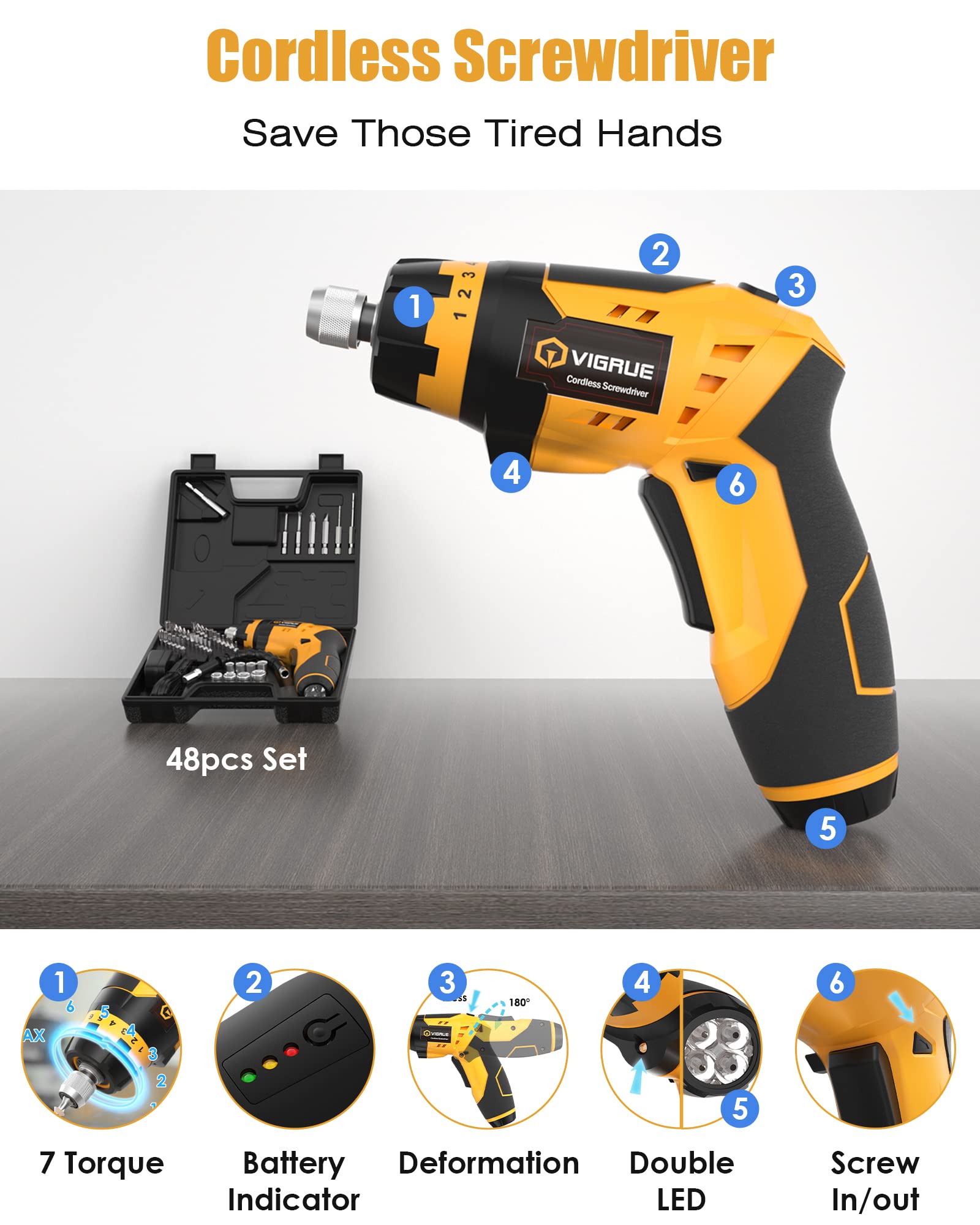 VIGRUE Cordless Screwdriver, Rechargeable Electric Screwdriver