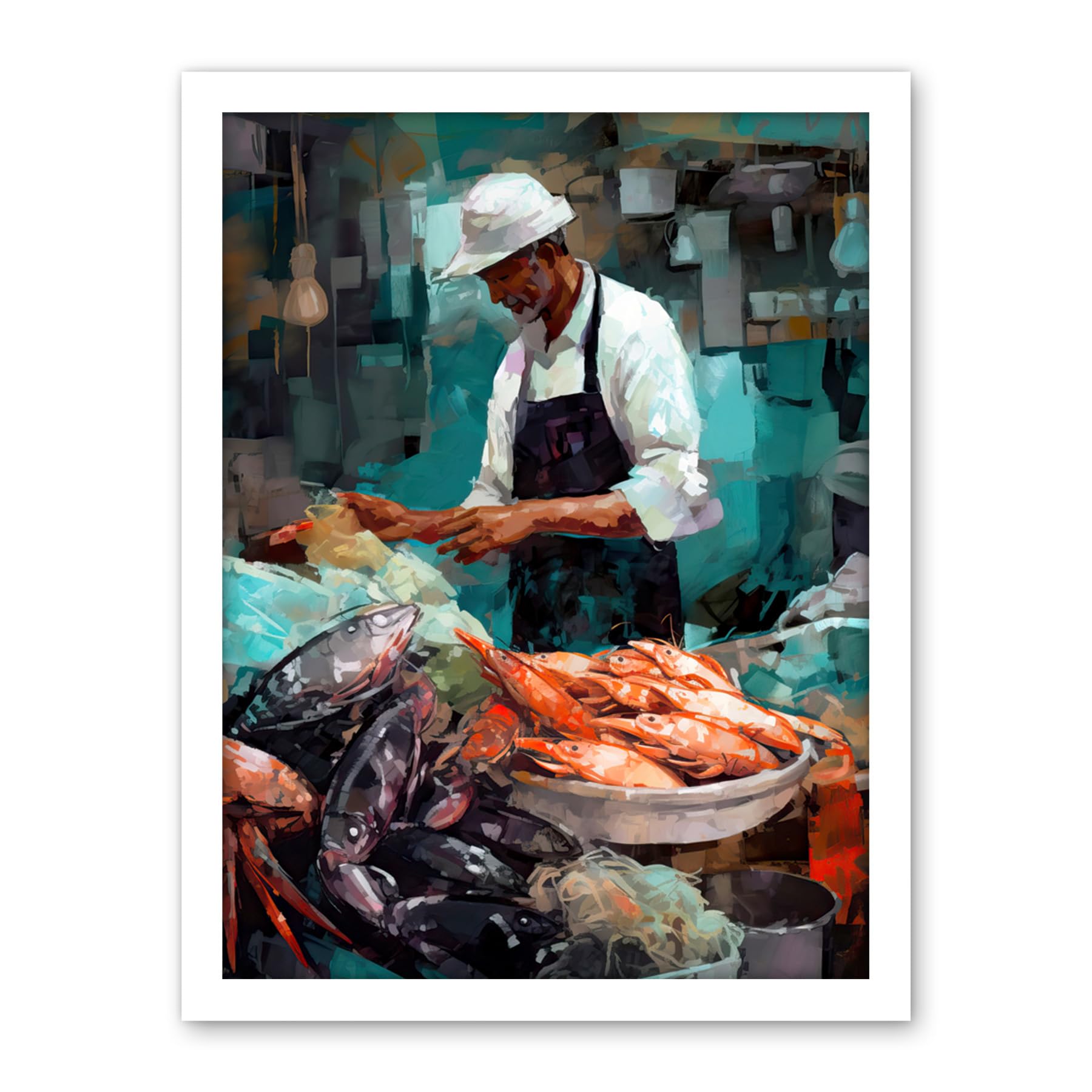 Artery8 Market Fishmonger Selling Fresh Catch Seafood Artwork Framed Wall Art Print 18X24 Inch