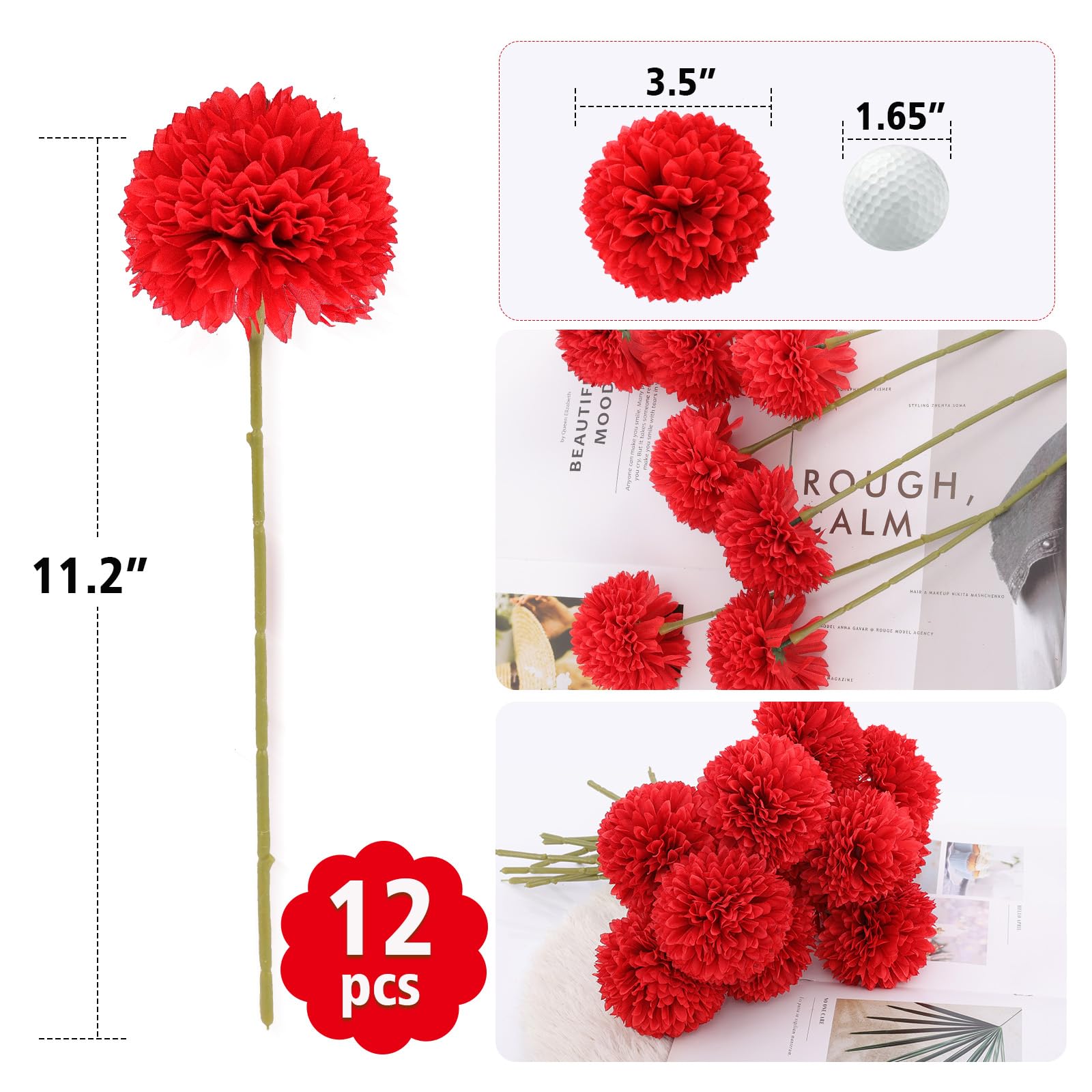 Rowfad Artificial Chrysanthemums Flowers Silk Red Ball Flowers Fake Mums Flowers for Christmas Wedding Floral Table Centerpiece Home Decor (12, Red)