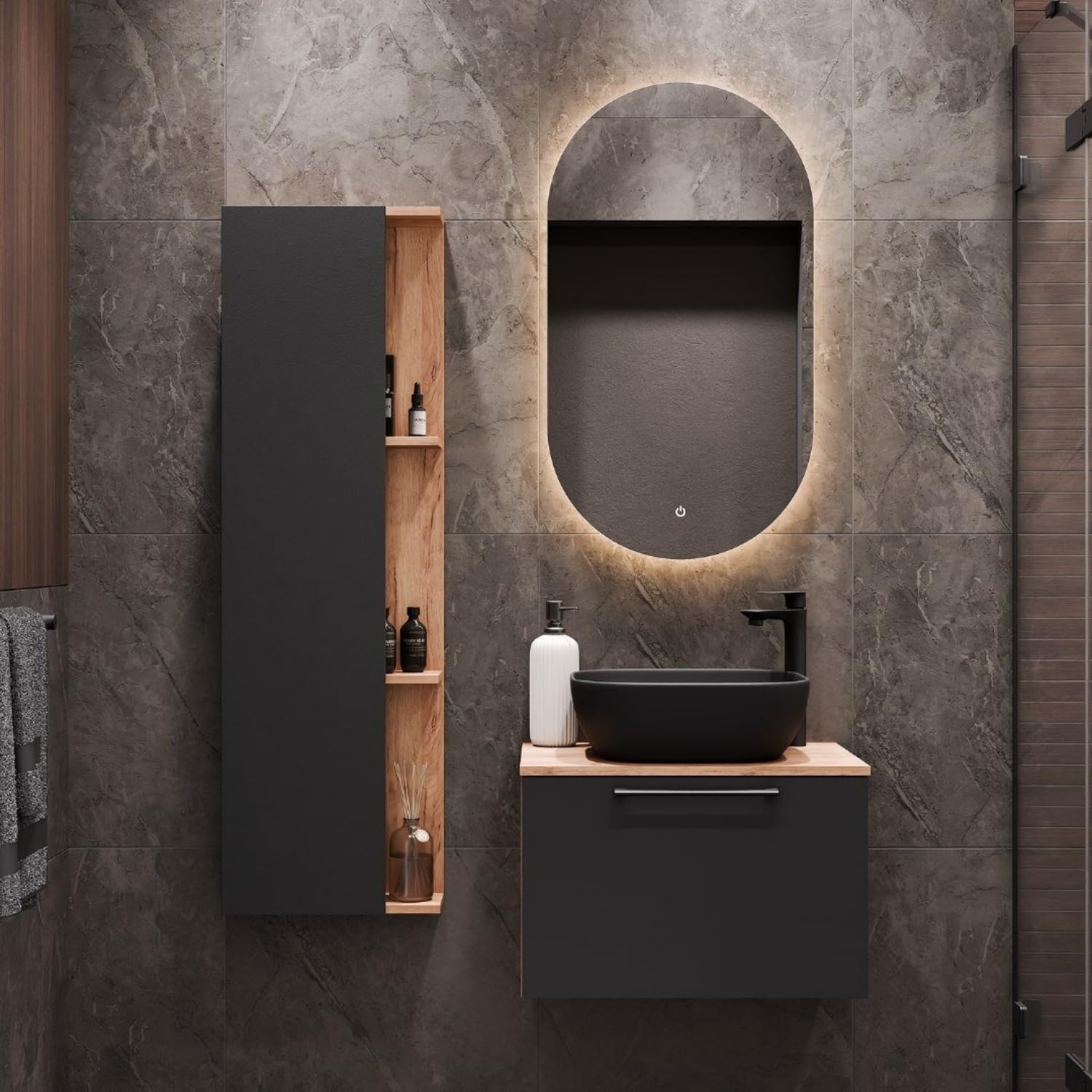 Planetmöbel Astra Badmöbel Set mit Waschtisch 60 cm mit 1x Seitenschrank Gold Eiche Anthrazit, Aufsatzwaschbecken 42 cm schwarz, Spiegel (mit LED) 50cm