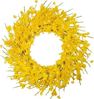 24 Inch Artificial Yellow Forsythia Flower Wreaths, Silk Leaves Paper Floral Wreath for Front Door, Spring Summer Decor, All Season Wreath for Wall Window Farmhouse Wedding Home Decor