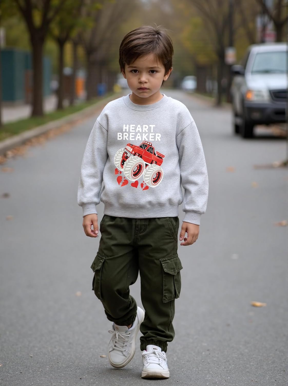 Kids Valentines Day Sweatshirt Boys Girls Valentine's Heart Monster Truck Toddler Shirt Graphic Long Sleeve for 2-7T