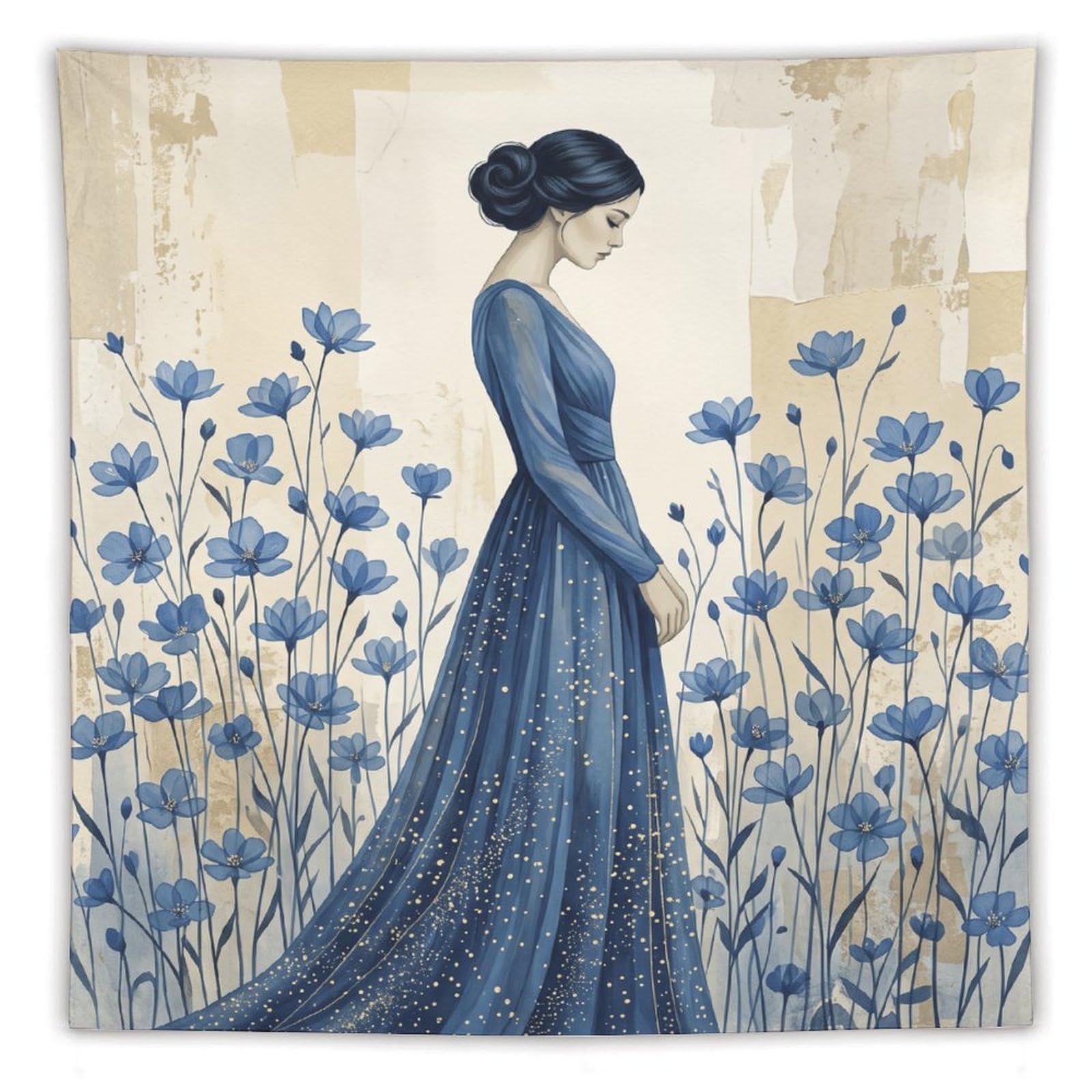 W7C8U2X3 Blue Dress Woman Botanical Wall Tapestry, Ceiling Hanging