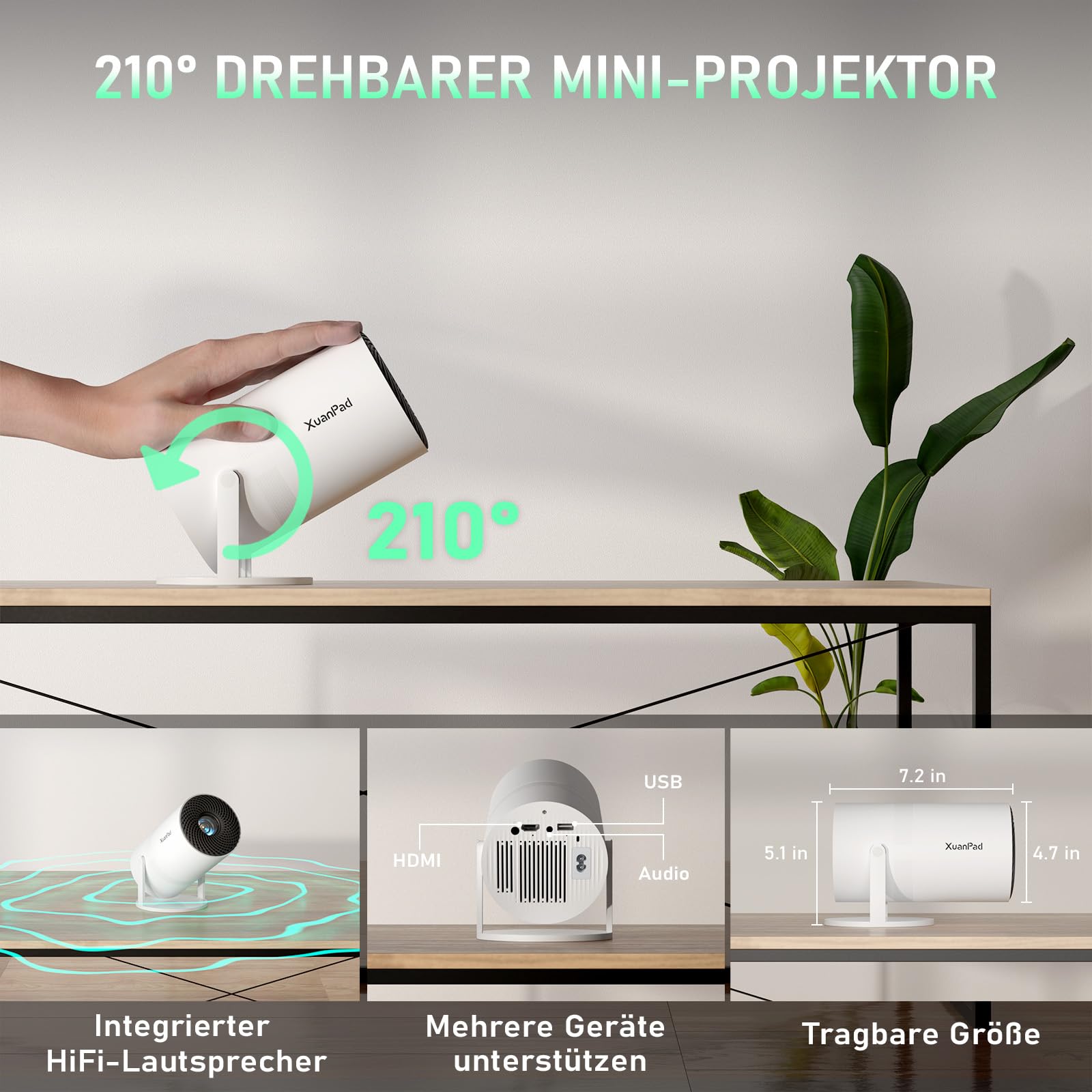 [Netflix-zertifizierter & Elektrischer Focus] Mini Beamer 4K Unterstützung mit WiFi & Bluetooth Projektor mit 210° drehbarer Stand, Automatische Trapezkorrektur, Staubfilter & Wärmeableitungssystem
