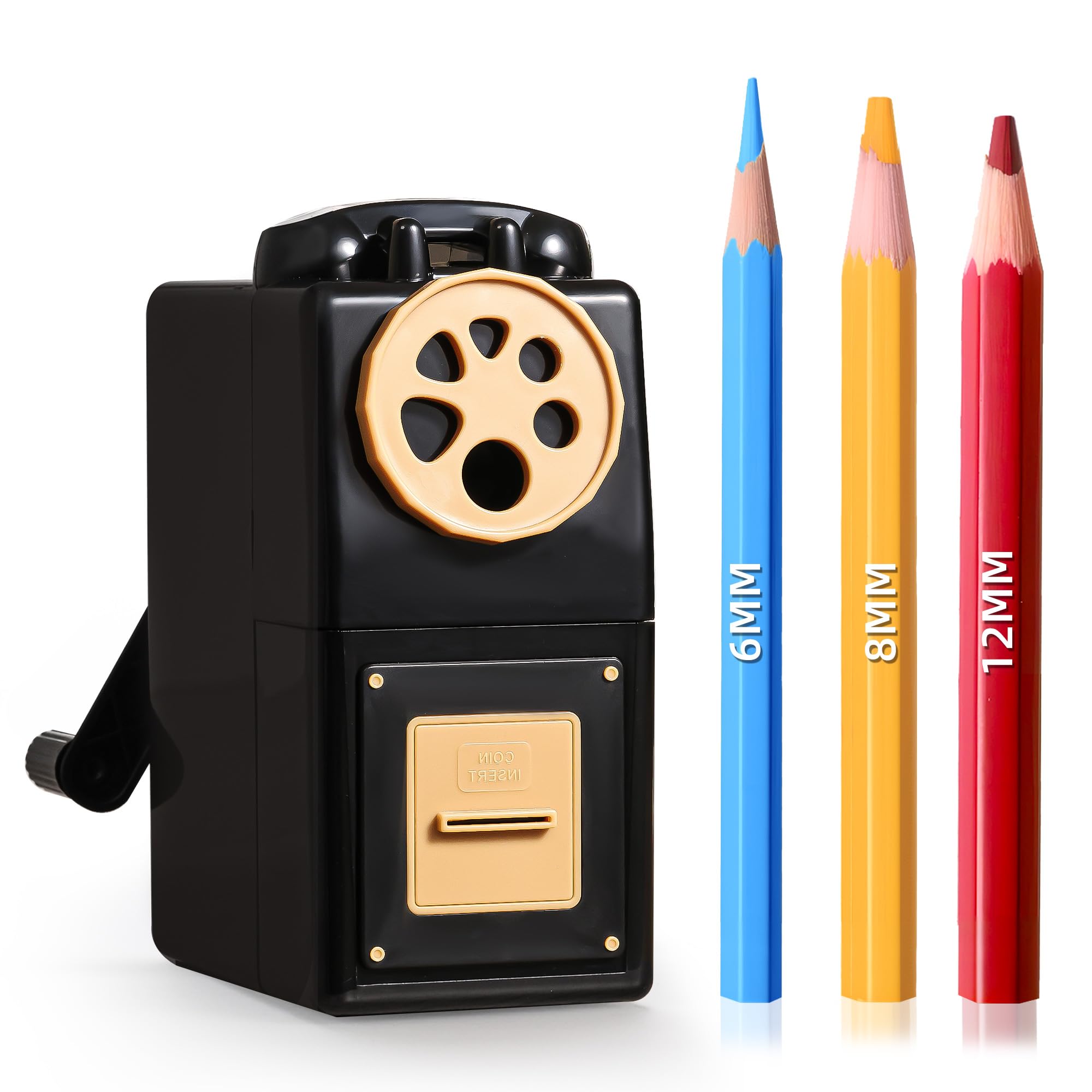 Hand Crank Color Pencil Sharpener - 6 Sizes Fits 6-12mm Color Pencils Hand Held Adjustable Tip Suitable for Kids Students Classroom Household Office School Black