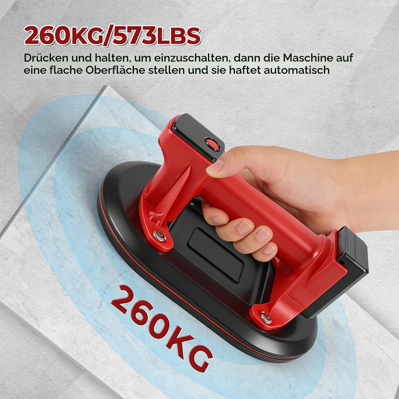 Akku Saugheber Saugnapf 260 kg, 24 cm Vakuumheber mit 2 x 3000 mAh Akku, mit LCD-Display, Glassauger zum Heben von Fliesen Granit Spiegel Plattenheber (EU)