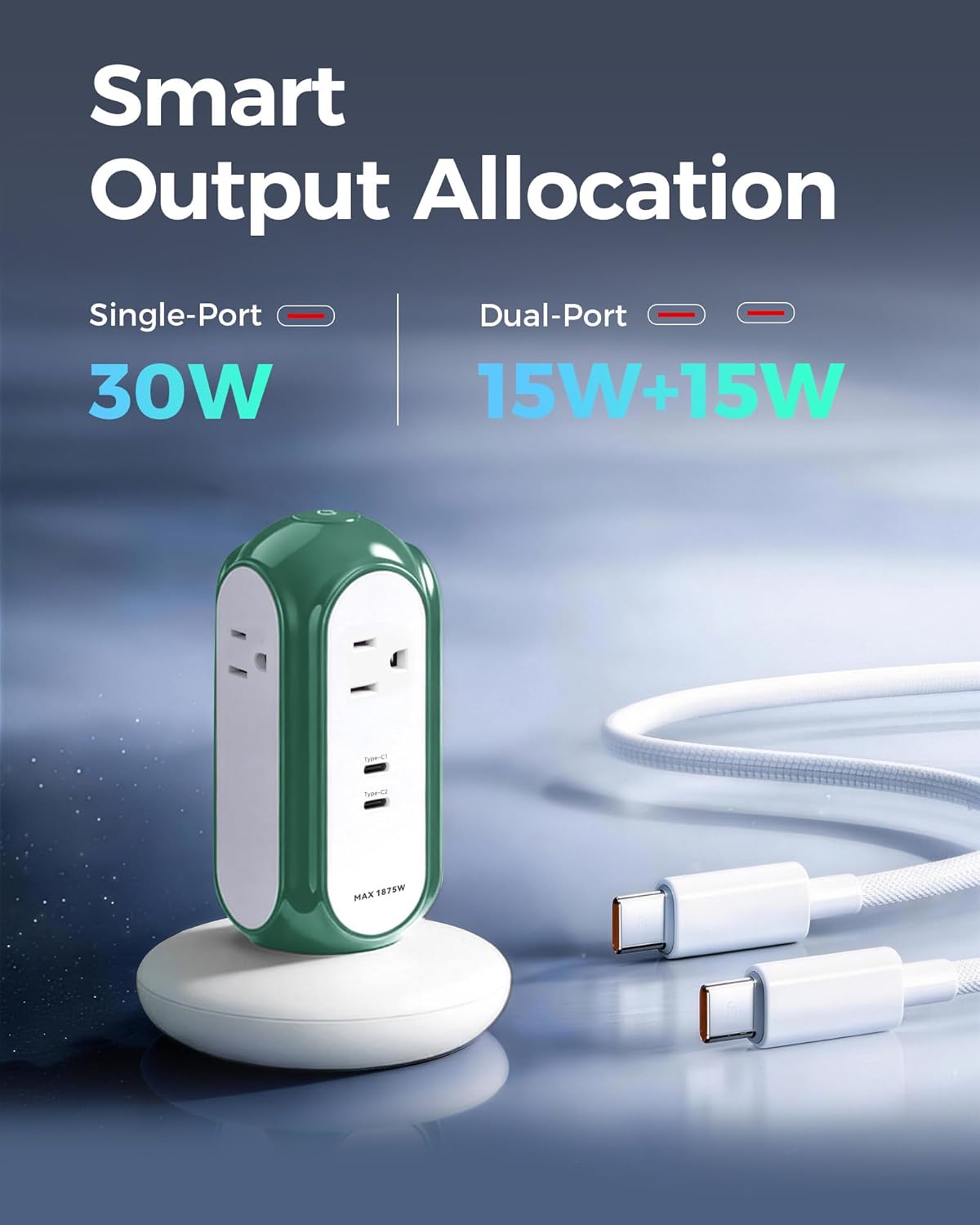 MiaoLab Power Strip Tower with 2 USB-C Ports (30W) + 4 AC Outlets, 1420J Surge Protector Power Strip with Overload Protection, 6.6FT Extension Cord with Multiple Outlets, 1875W/15A Charging Station