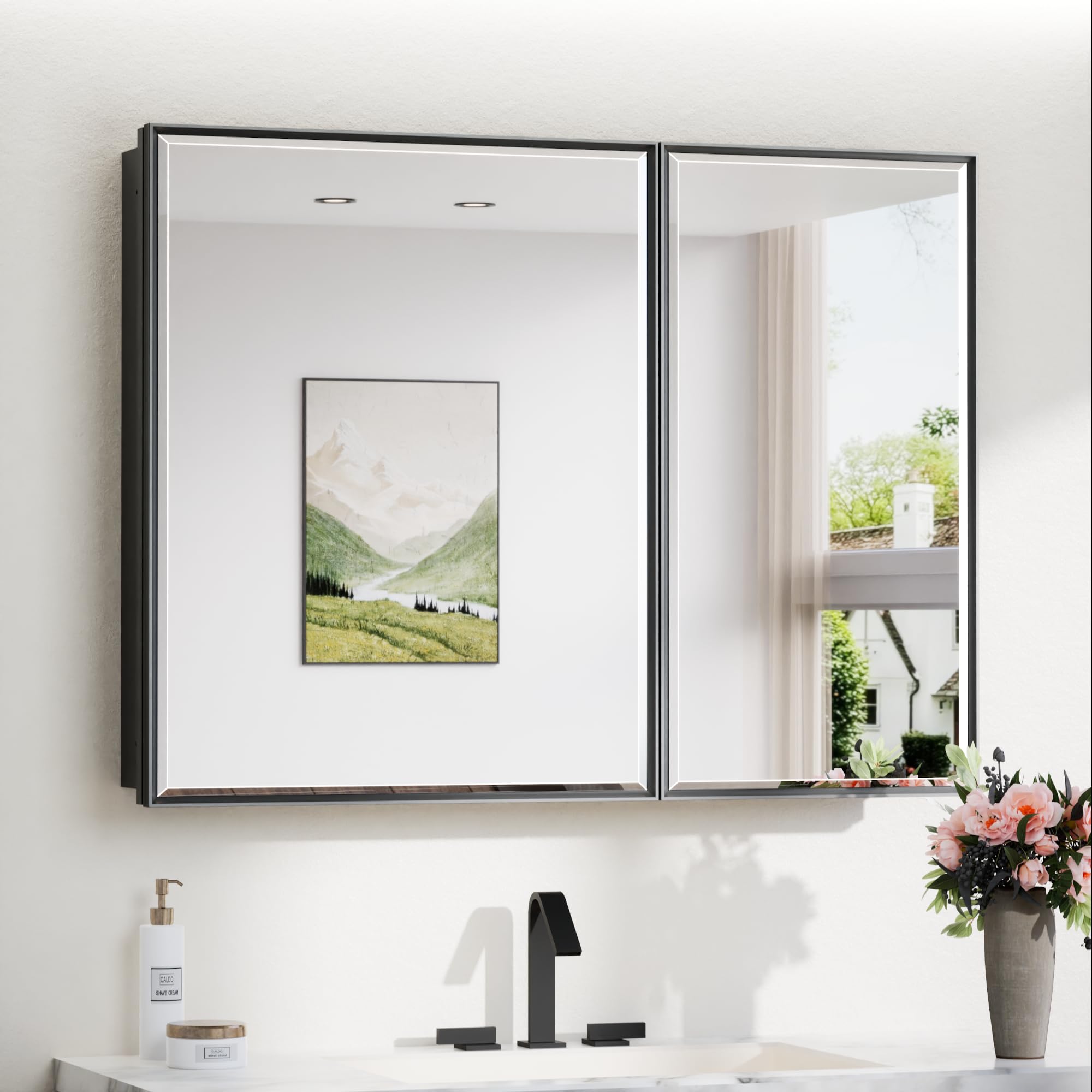 TokeShimi 40x30 in Beveled Mirror with Storage Bathroom, Fully Assembled