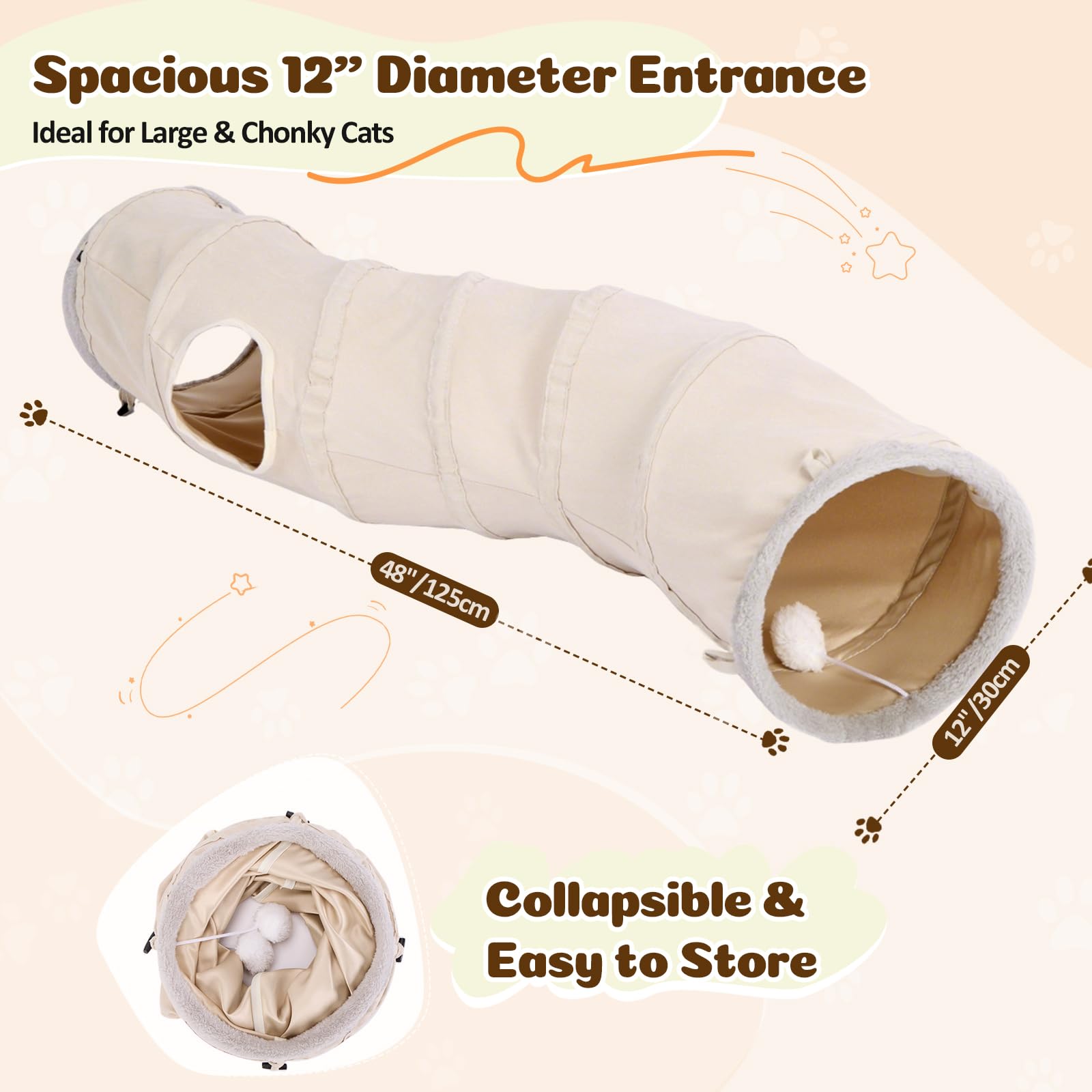 Ownpets Tunnel per gatti a forma di S con palline sospese, 30 x 125 cm, tubo pieghevole a 2 vie per gattini | Tessuto scamosciato, tunnel extra largo 30 cm, adatto a gatti di tutte le dimensioni, per interni ed esterni