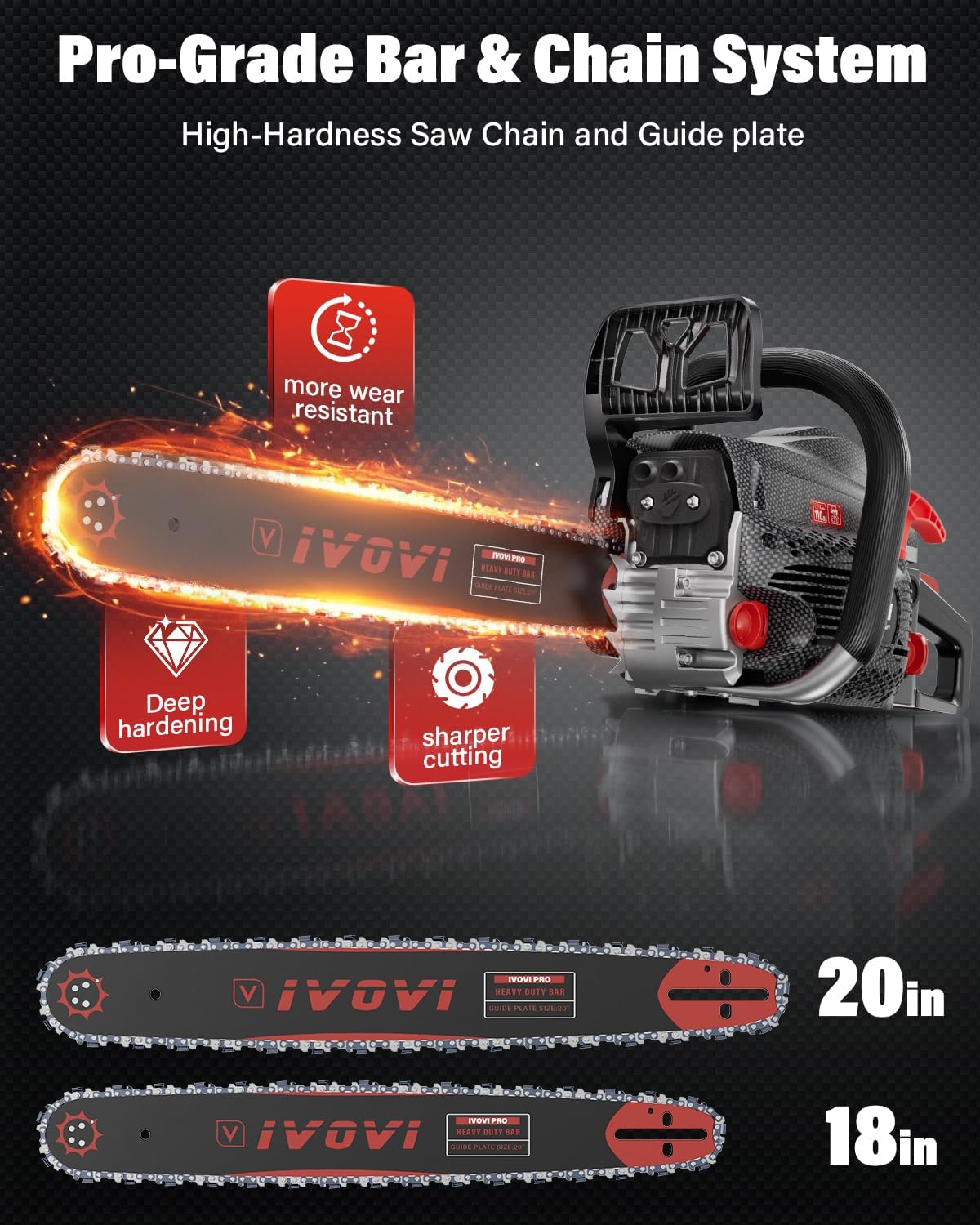 63CC Gas Powered Chainsaw with 20 and 18 Inch Bars, 3.7HP 2-Cycle Engine for Tree Felling, Logging and Firewood Preparation, Includes Portable Carrying Pouch and Tool Kit (Black)