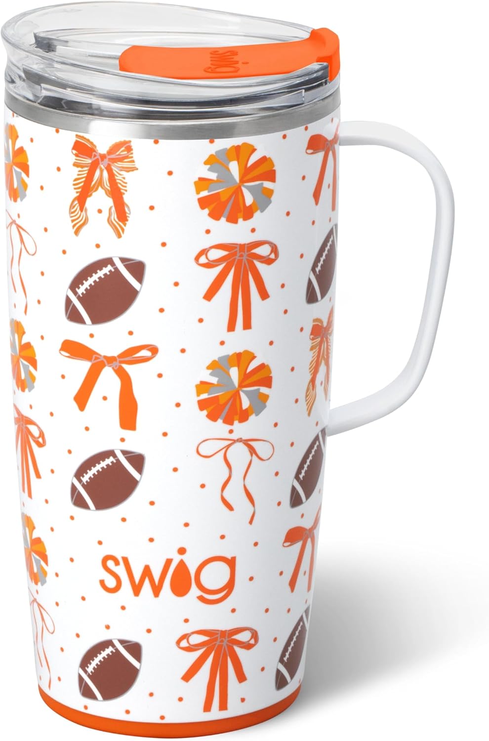 Swig Life 22oz Travel Mug, Insulated Tumbler with Handle and Lid, Travel Coffee Mug, Cup Holder Friendly, Stainless Steel 22 oz Tumbler, Reusable Insulated with Lid (We've Got Spirit Orange)