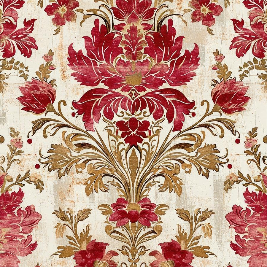 Papel pintado vintage damasco rojo amarillo vinilo adhesivo extraible para pared