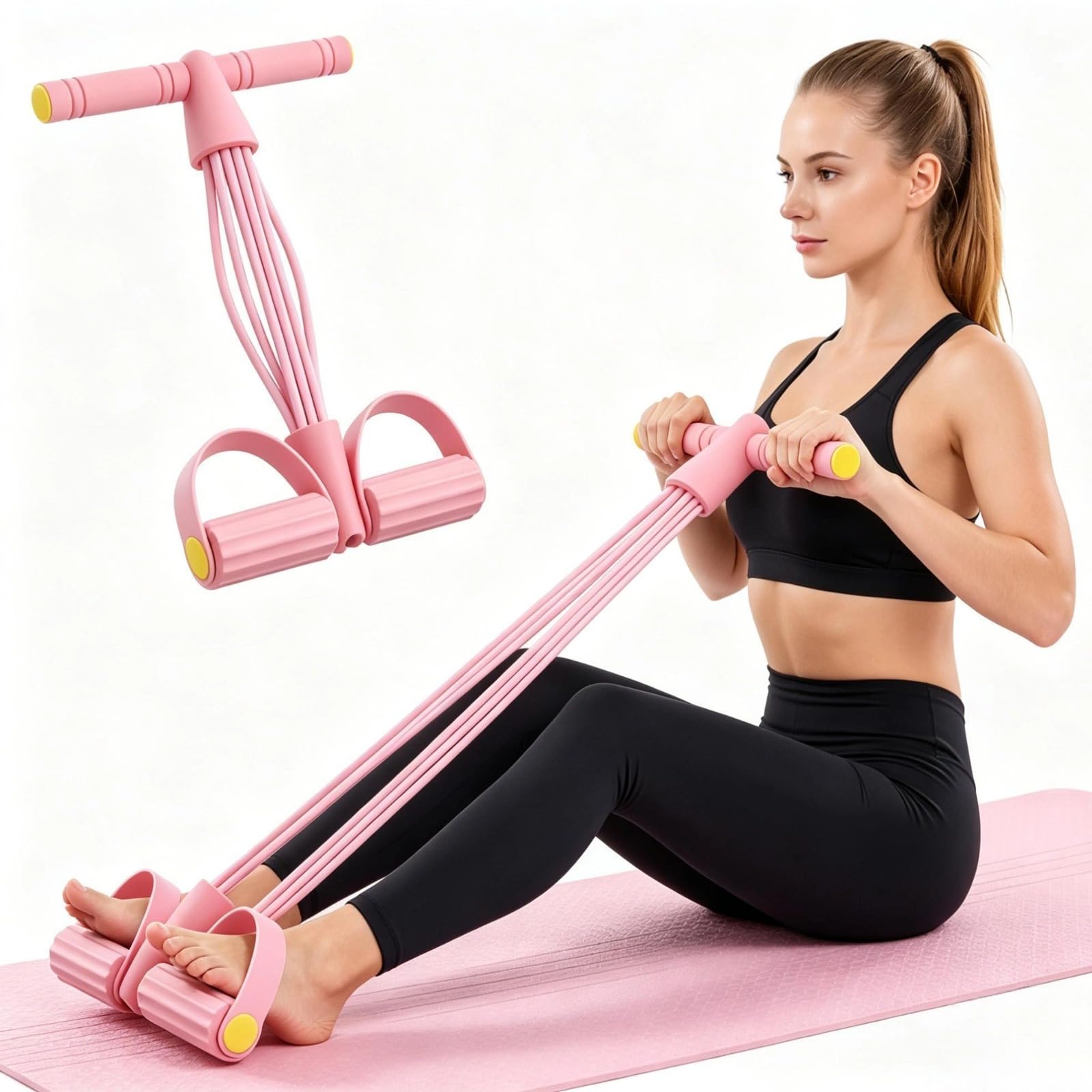 Multifunction Pedal Resistance Bands with Handle, 6 Tube Heavy Resistance Sit Up Pull Rope, Foot Pedal Exercise Bands for Abs, Arms, Portable Home Gym Equipment, Legs & Core Workout (Pink)