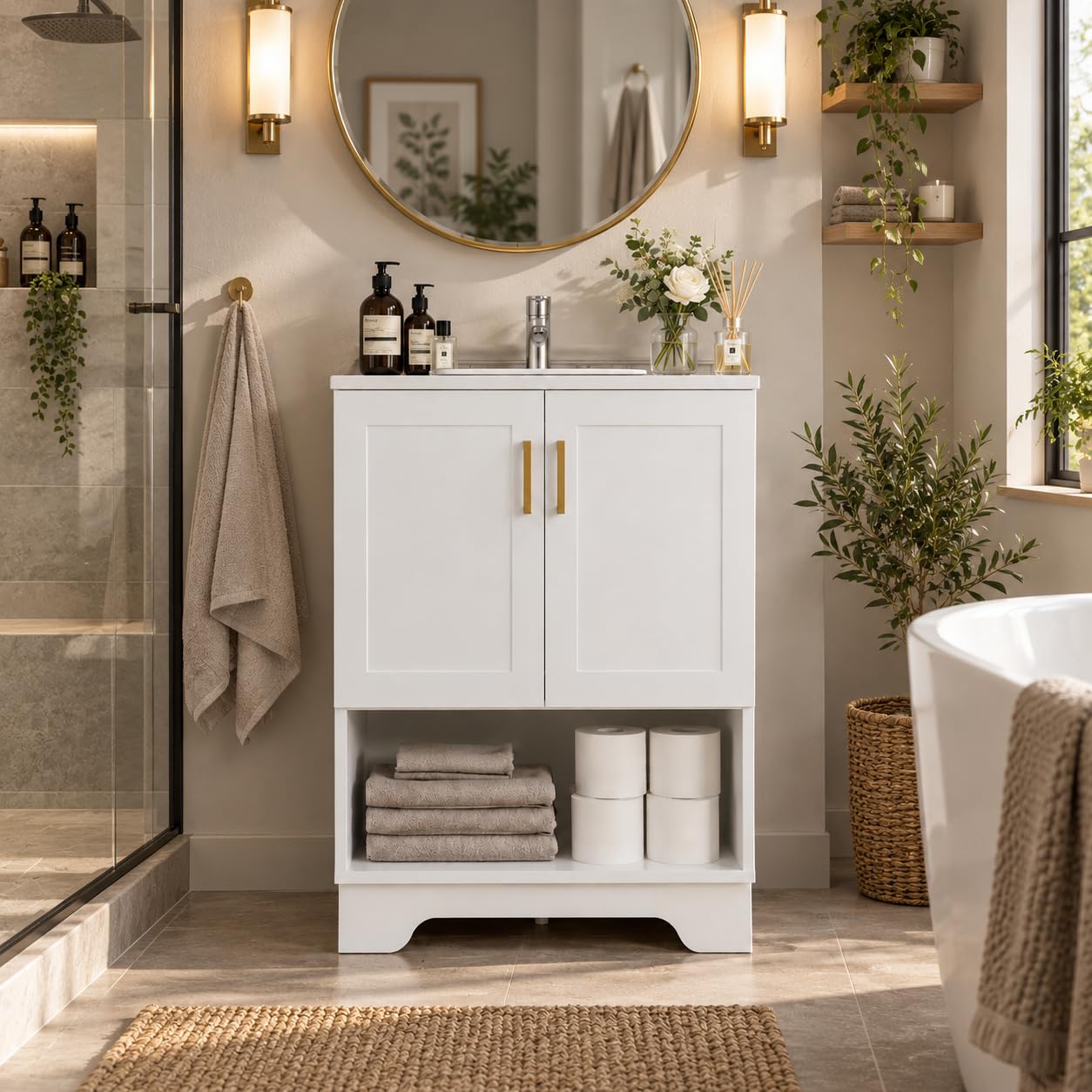 Meuble Vasque Salle De Bain 60cm sur Pied avec Vasque en Céramique, Bois d'Ingénierie, 2 Portes et Étagère Ouverte, Meuble pour Lave-Mains WC, Finition Blanc, Poignées Métal Doré,