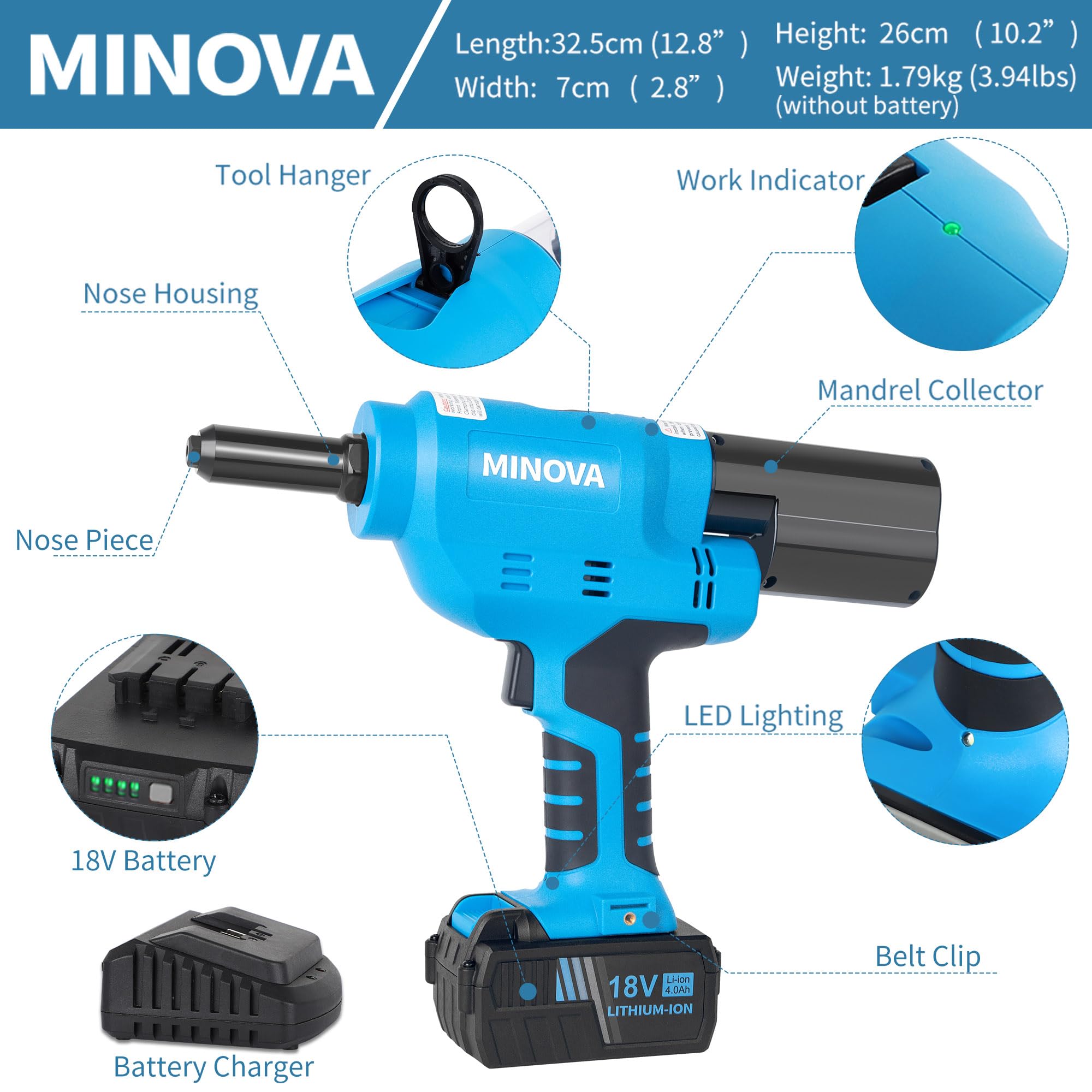 Minova Pistola de remache sin escobillas, herramienta de remache inalámbrica compatible con remaches de acero inoxidable de 6,4 mm, retroceso automático con batería de 18 V 4,0 Ah (2 piezas) 1