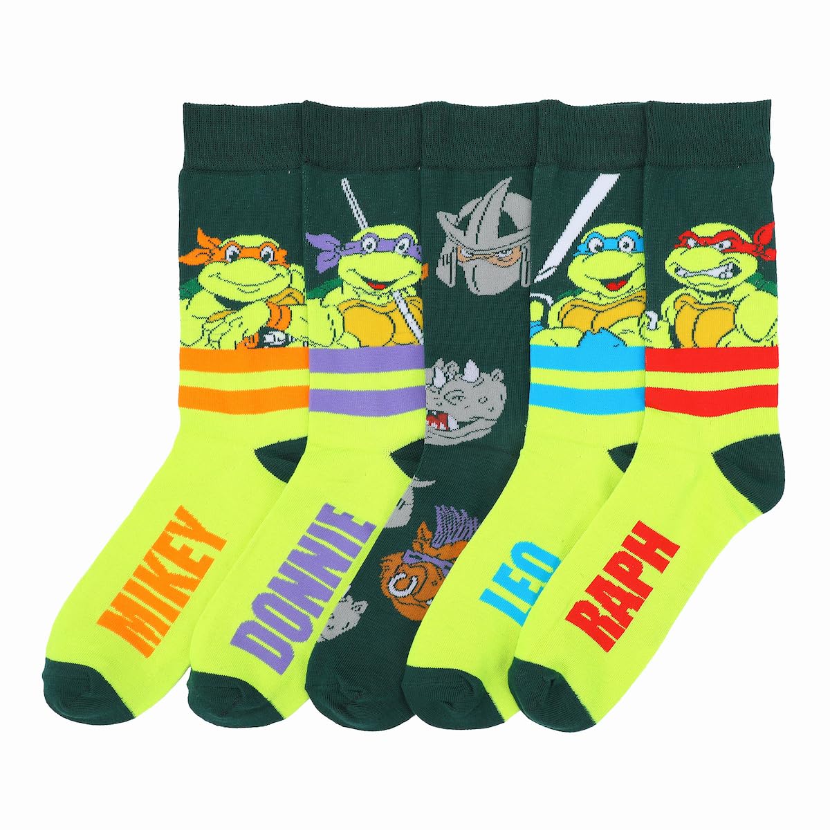 Bioworld TMNT Mikey, Donnie, Leo y Raph, AOP On Dark Green Paquete de 5 calcetines casuales, Verde, talla única