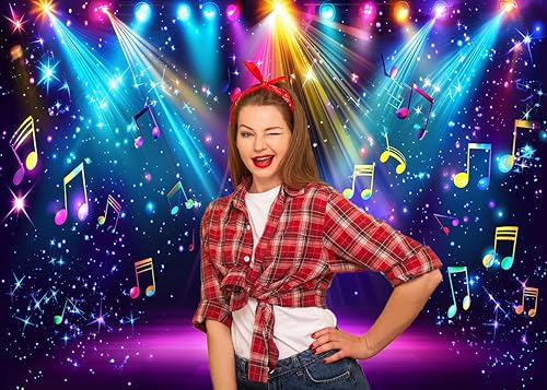 Miniatura 4 de AIIKES Fondo de fotografía de escenario de arco iris de 7 x 5 pies, telón de fondo colorido de discoteca de los años 80, música rock, brillante,