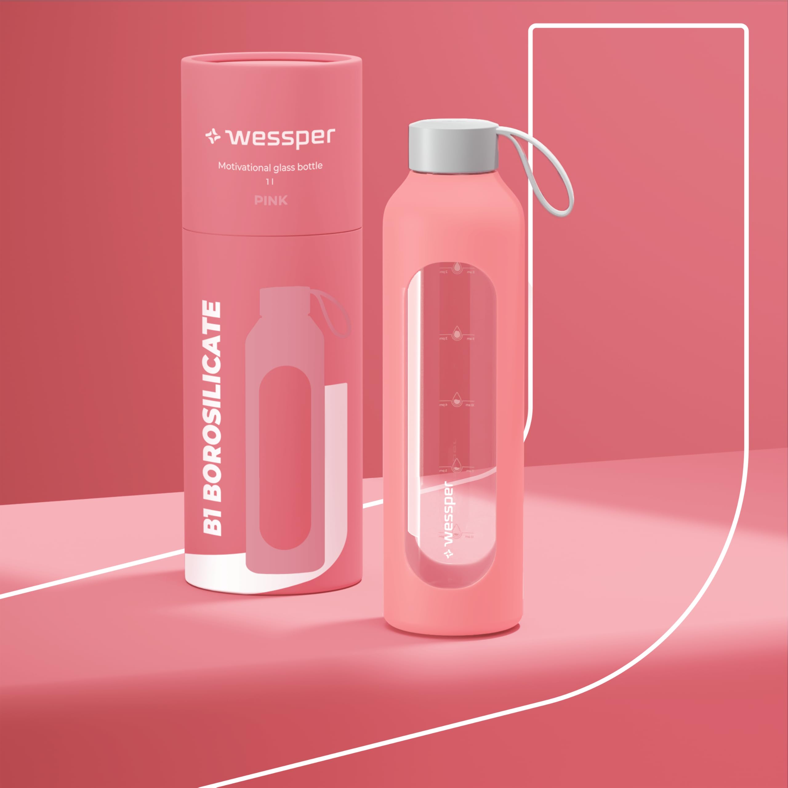 Wessper Motivations-Wasserflasche Aus Glas - 1 Liter, Mit Stunden-Anzeige, BPA-frei, Bambusdeckel & Silikonhülle