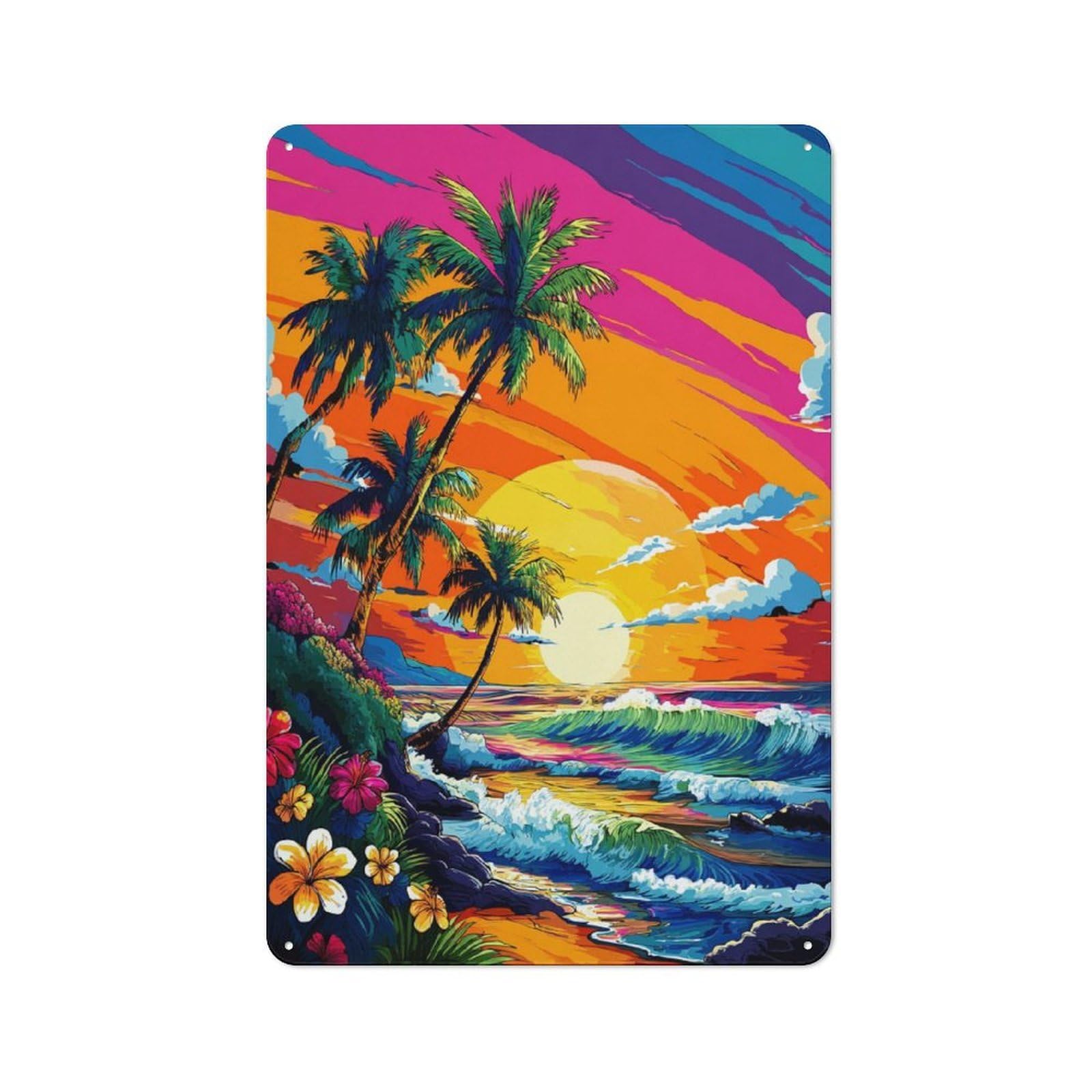 Junmoney Vibrant Tropical Sunset Scene Vintage Metal Sign 30X20cm For Lounge Or Reading Corner, For Garage, Workshop And Man Cave Decoration