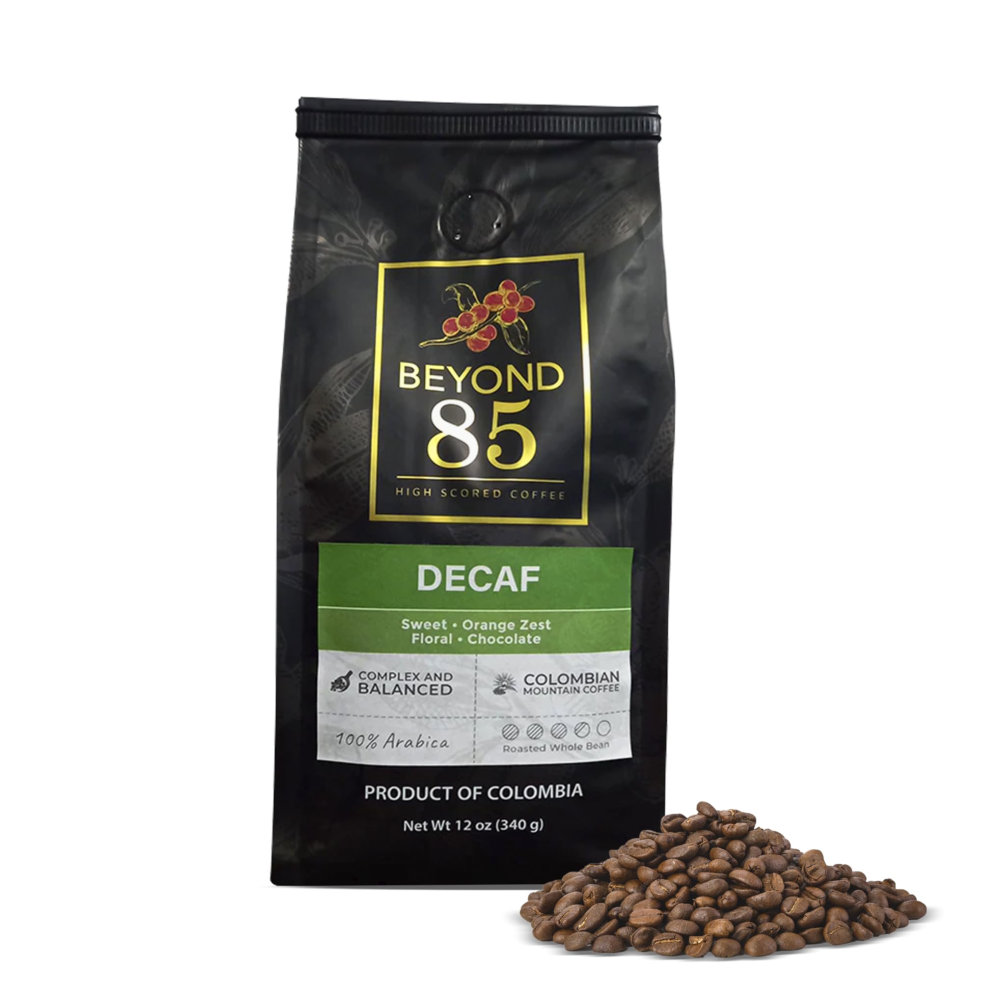BEYOND 85 COFFEE, Decaf, Premium Colombian Coffee, Caffeine Free Medium Roast, Citrus & Floral Notes, Whole Bean, 12 OZ