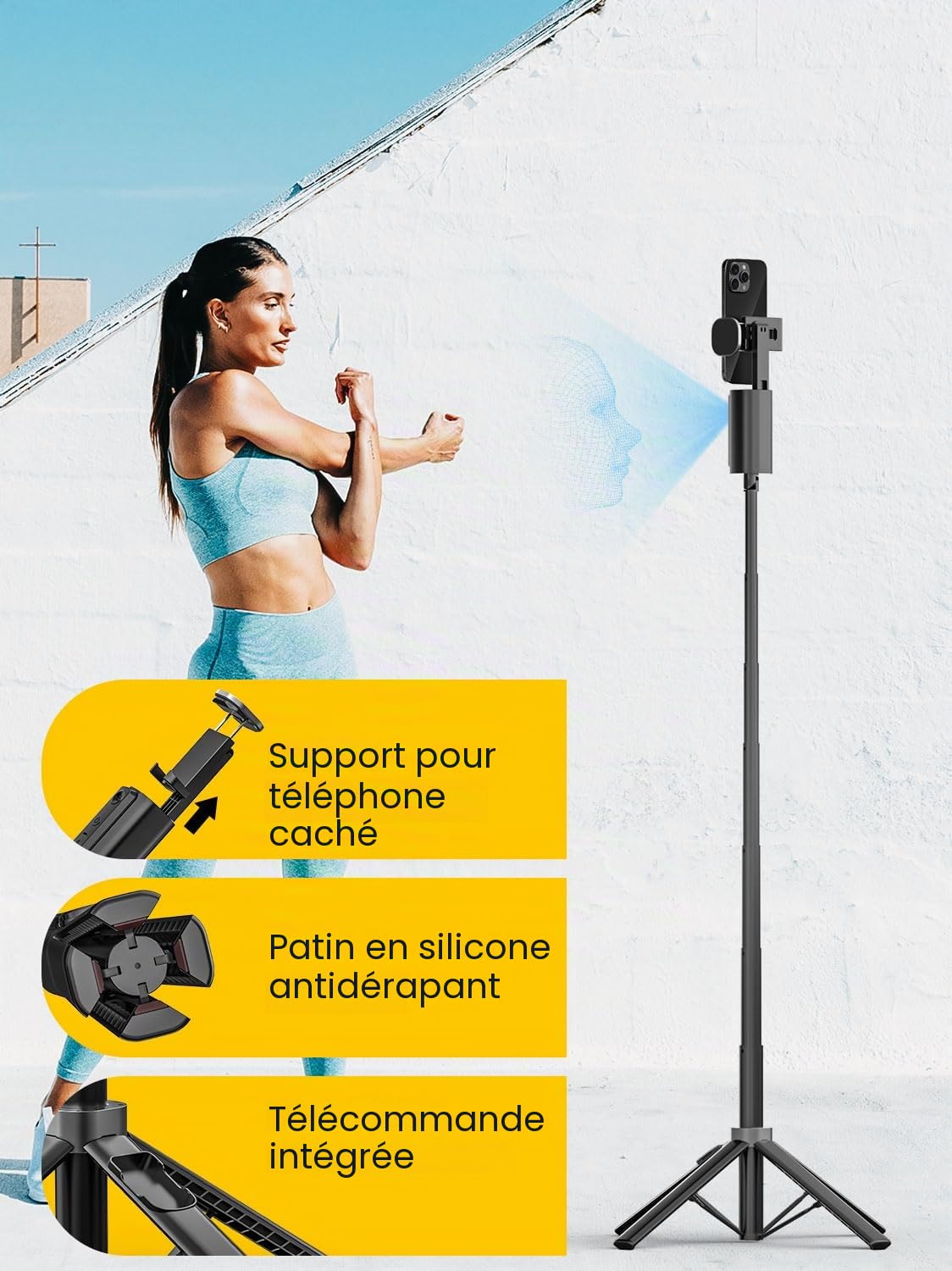 AOCHUAN Trépied de suivi du visage pour iPhone et Android, perche à selfie extensible de 144 cm, télécommande, sans application, contrôle gestuel, essentiel