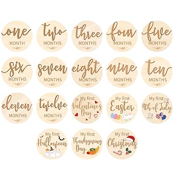 Capoda 18 Pcs Baby Monthly Milestone Cards My First Holiday Milestone Signs 1-12 Month Wooden Circles Announcement Discs for Boy Girl Photography Photo Props Baby Shower Gift Newborn KeepsakeWood