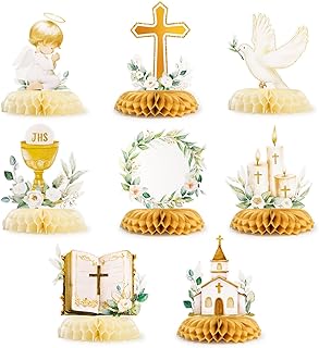 BETESSIN Pack of 8 Communion Table Decoration - Honeycomb Centrepiece with Christian Motifs - Table Decoration for Communion, Confirmation, Christening, Confirmation, Sacrament and much more